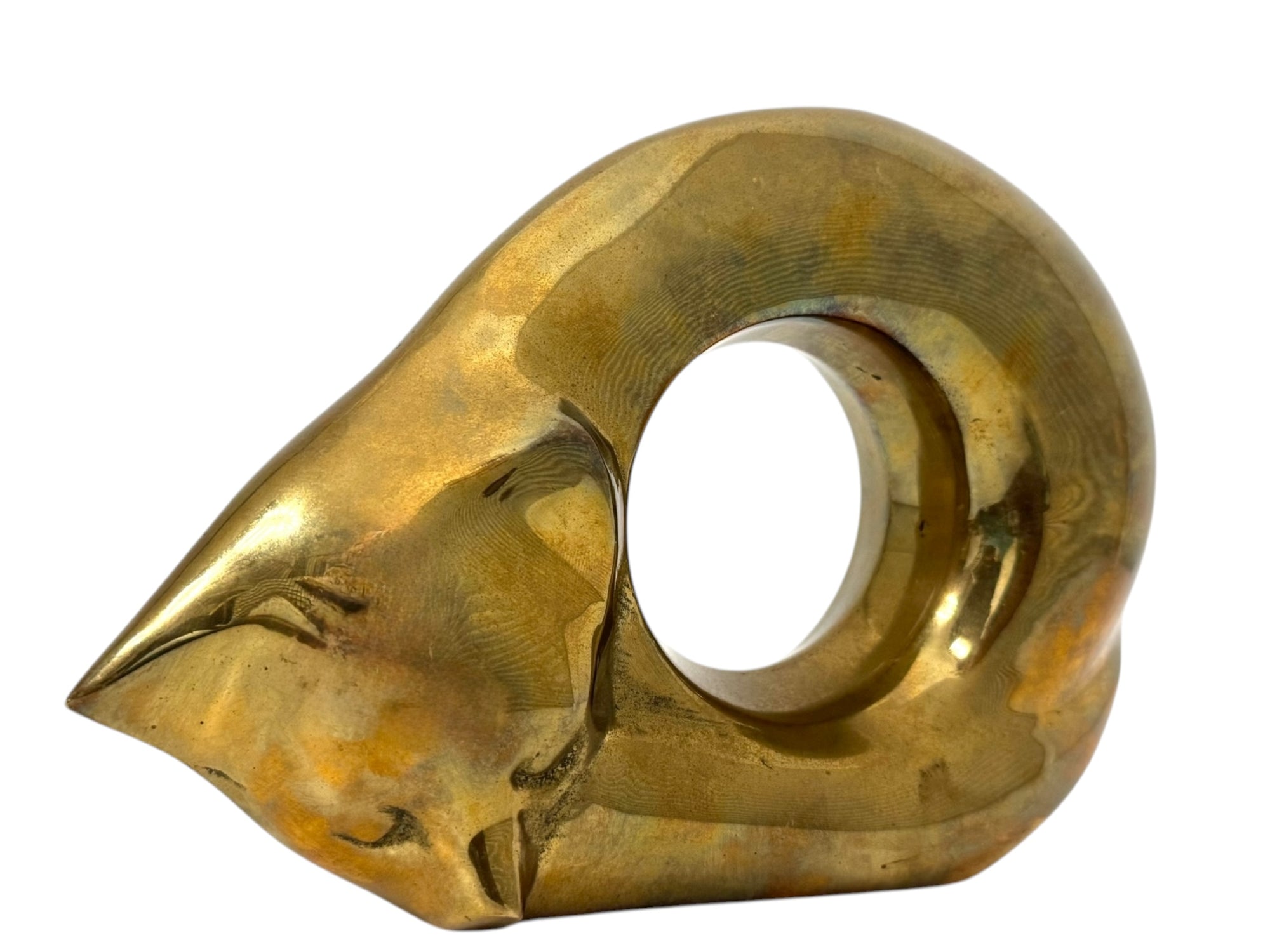 Rare Vintage Brass Ikebana Vase – Sleeping Cat Form | Mid-Century Modern Sculptural Art Vessel