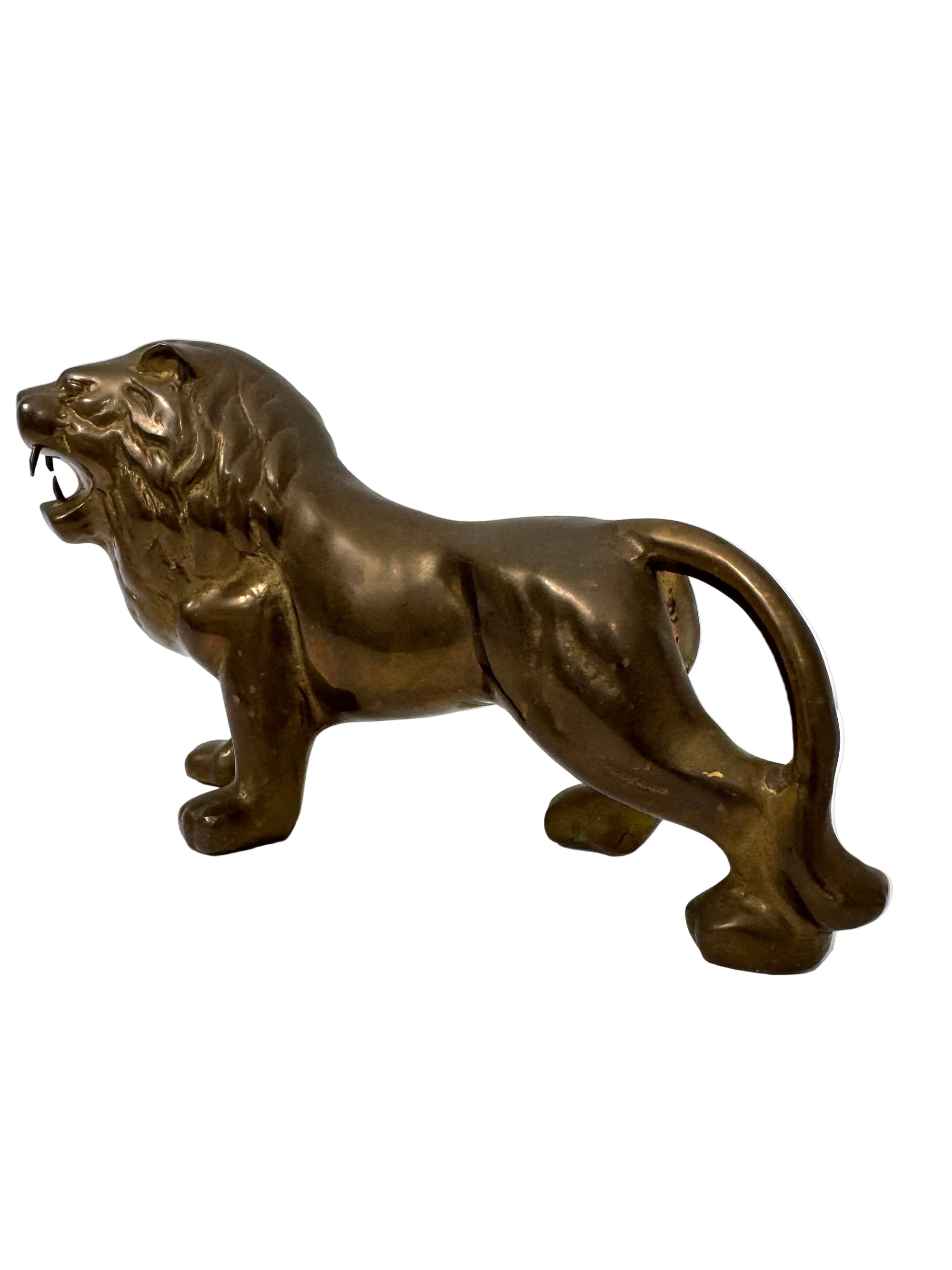 Vintage Brass Lion Figurine – Majestic Mid-Century Modern Roaring King (14”)