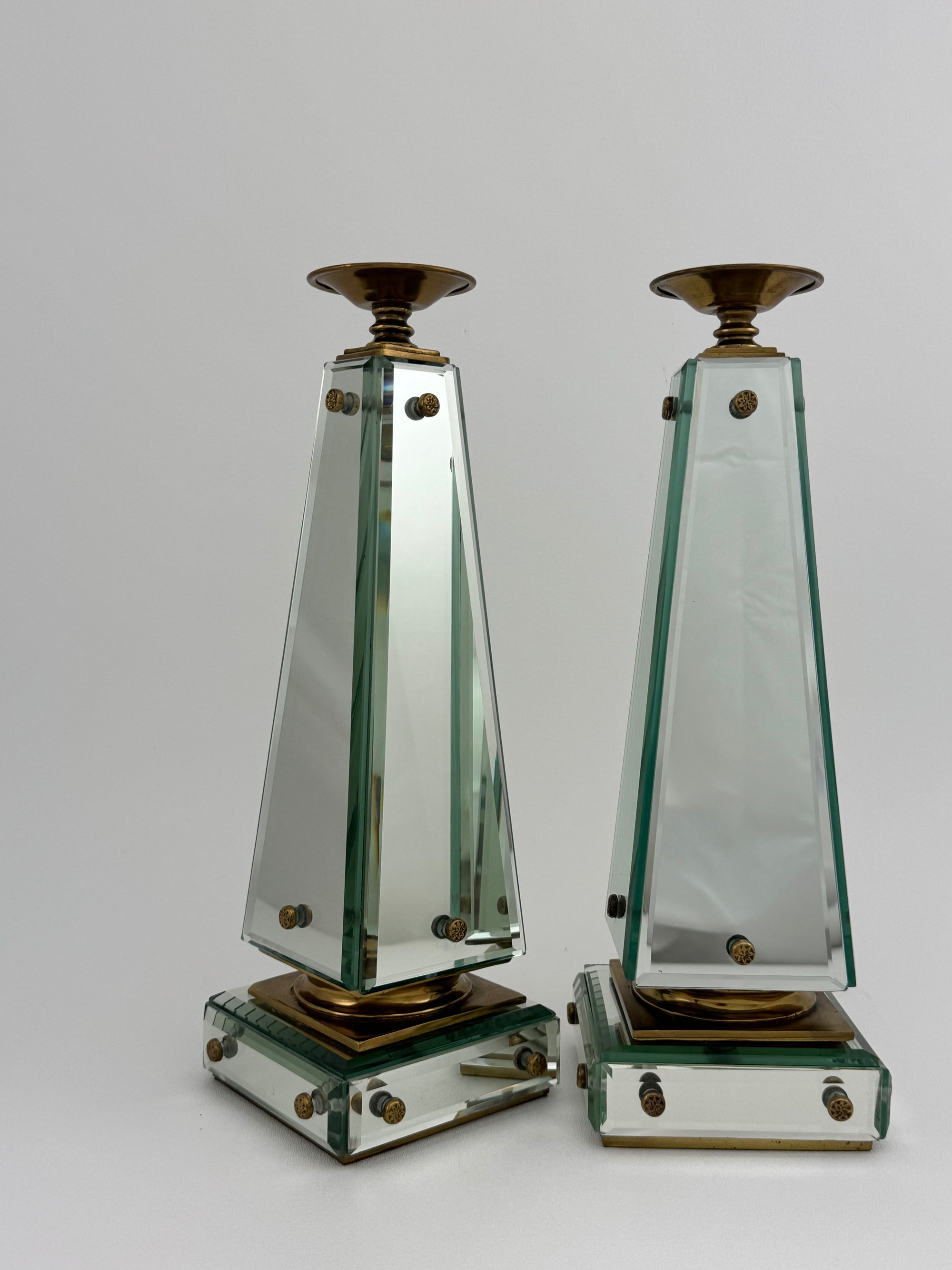Pair of Vintage Maitland-Smith Mirrored Obelisk Candlesticks