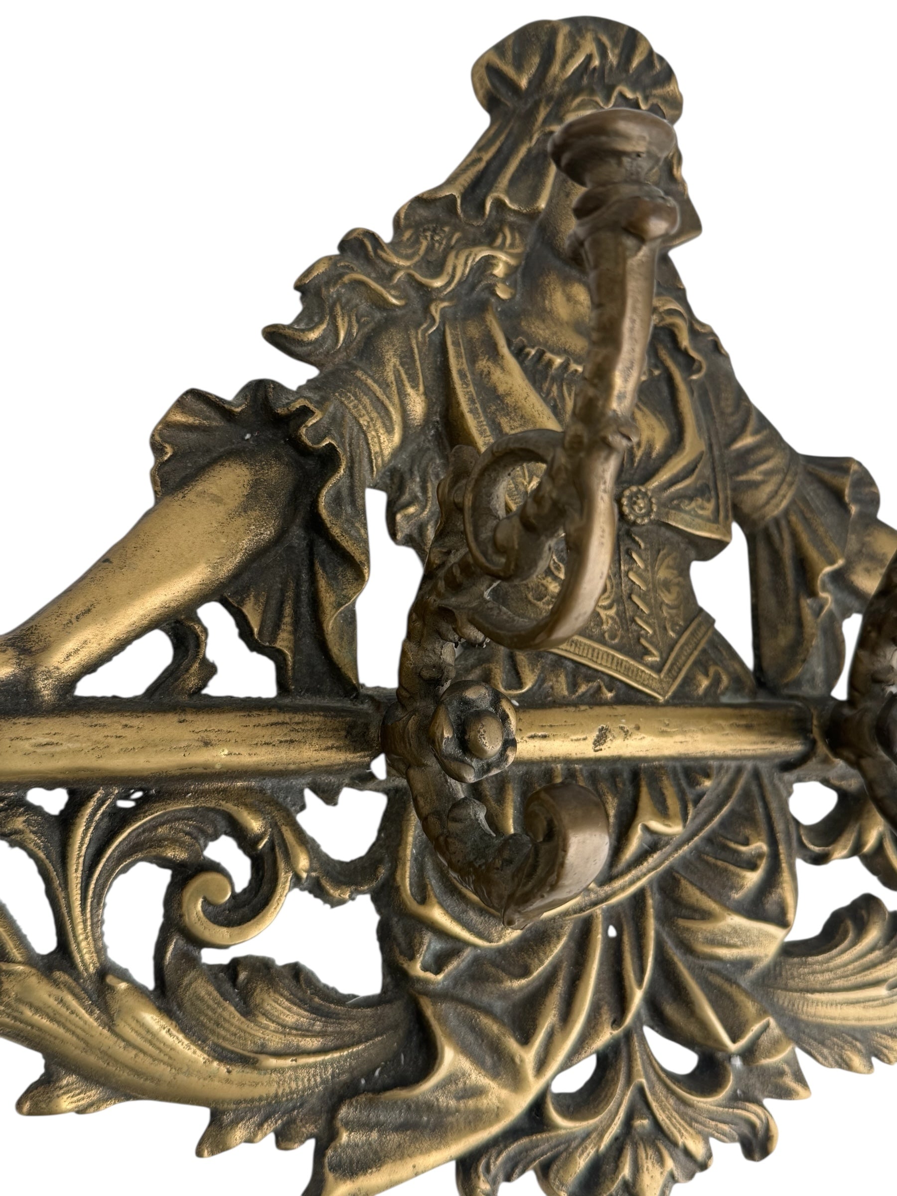 Antique Brass Wall Hook Rack – Victorian Lady Motif, Ornate Rococo Detail (8 lbs)