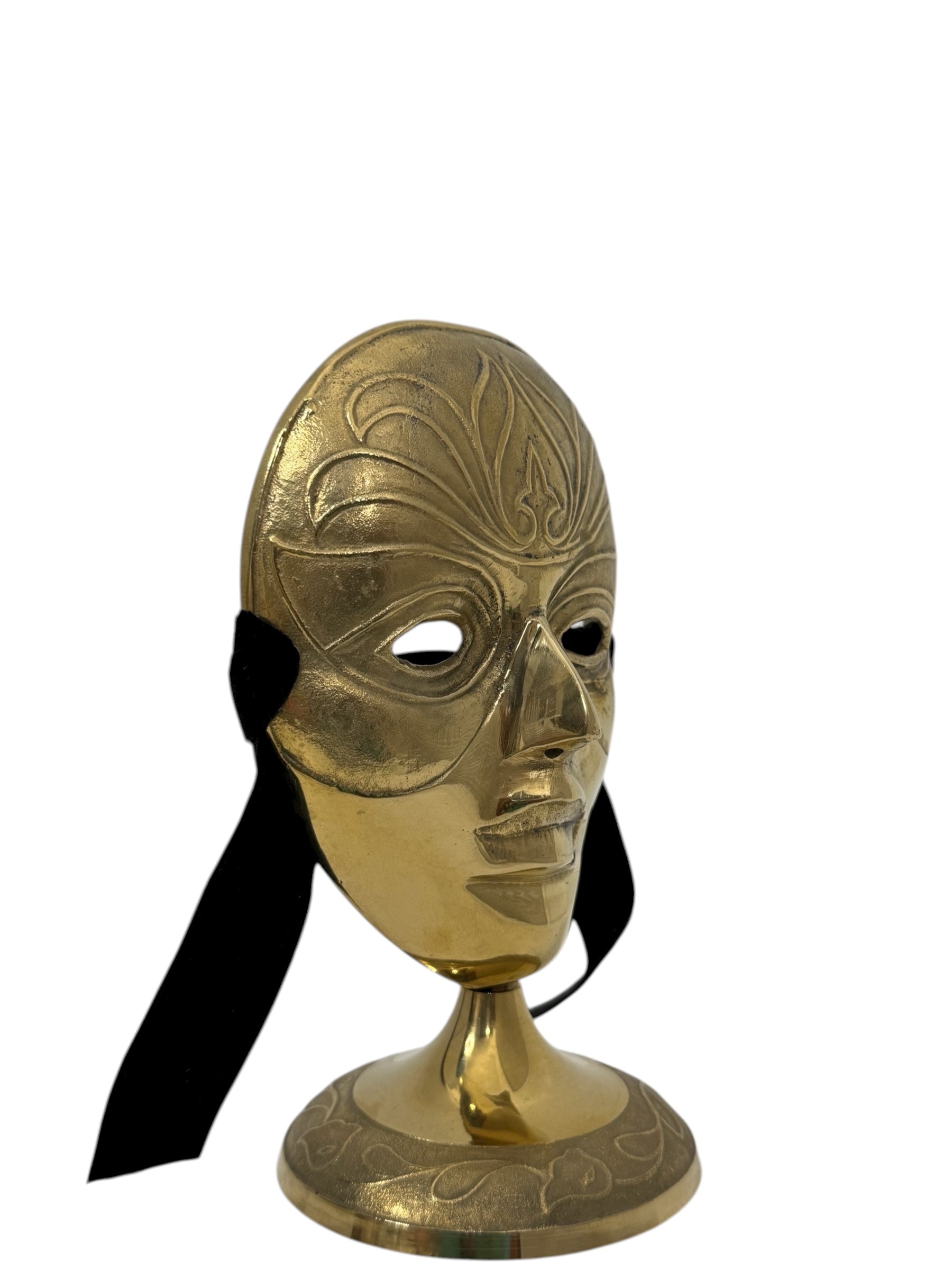 Vintage Brass Face Mask Sculpture on Stand | Mid-Century Modern Surreal Art Decor