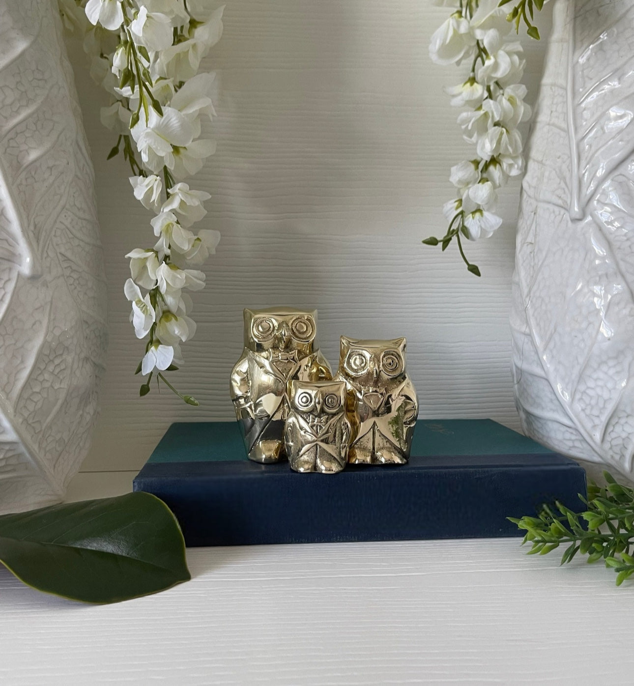 Small Charming Vintage Brass Owl Trio in Retro Tuxedos