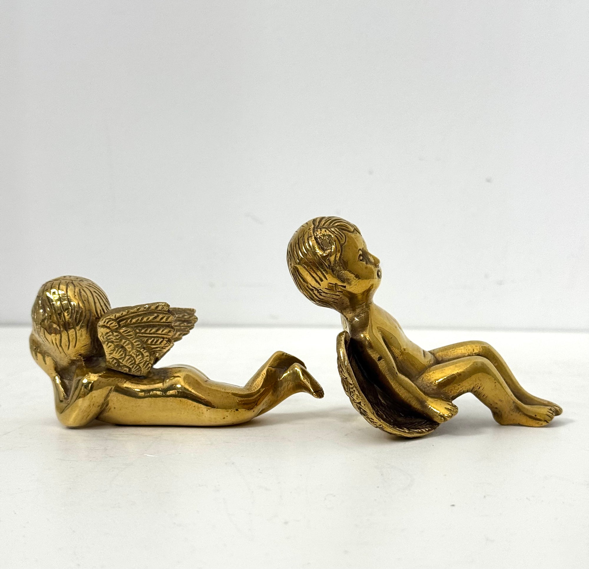 Vintage Polished Brass Cherub Angels — Set of Two Mid-Century Figurines
