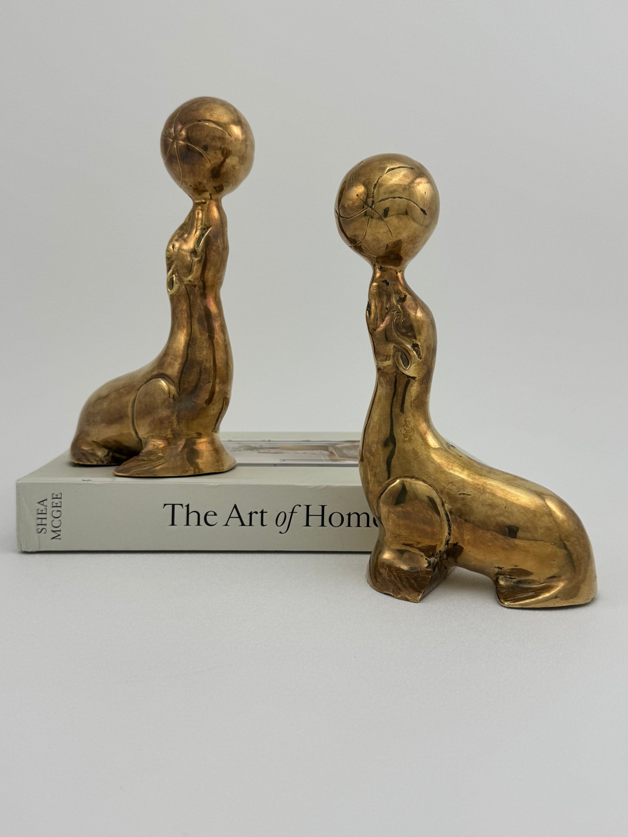 Vintage Brass Seal Bookends with Ball-A Pair