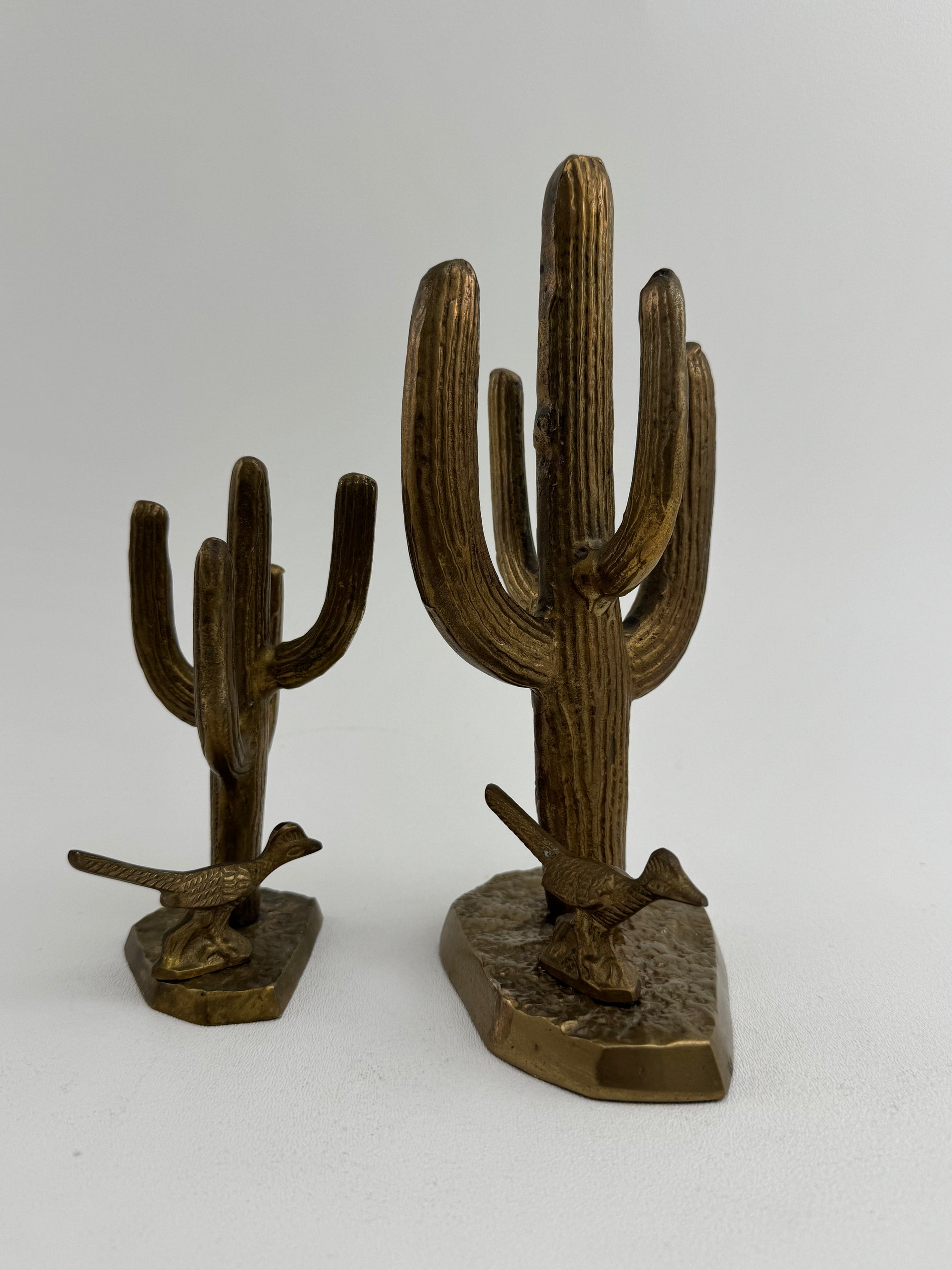 Vintage Brass Saguaro Cactus &amp; Roadrunner — Pair (Set of 2)