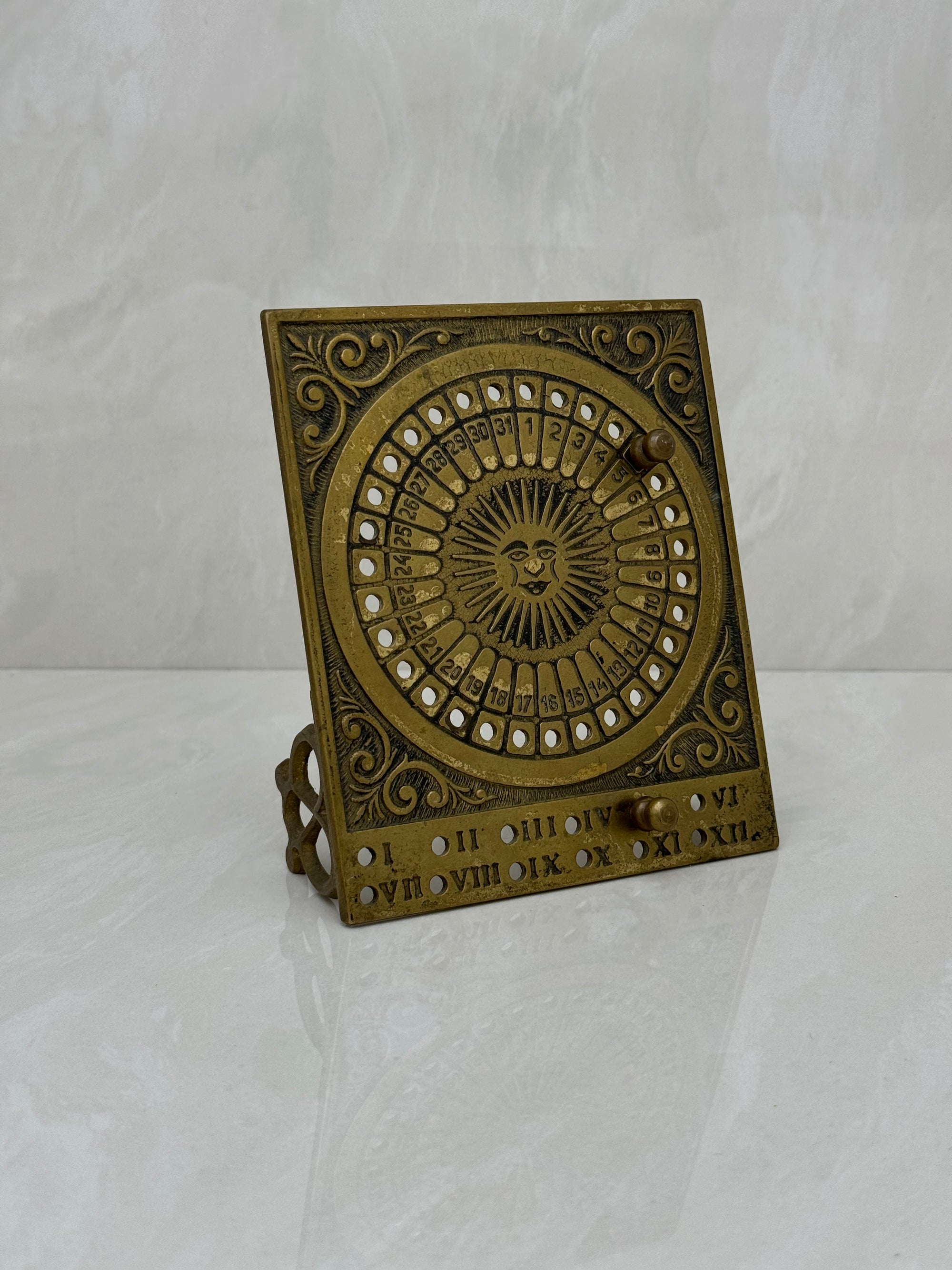 Vintage Brass Sun Calendar-Date Marker with Two Pegs