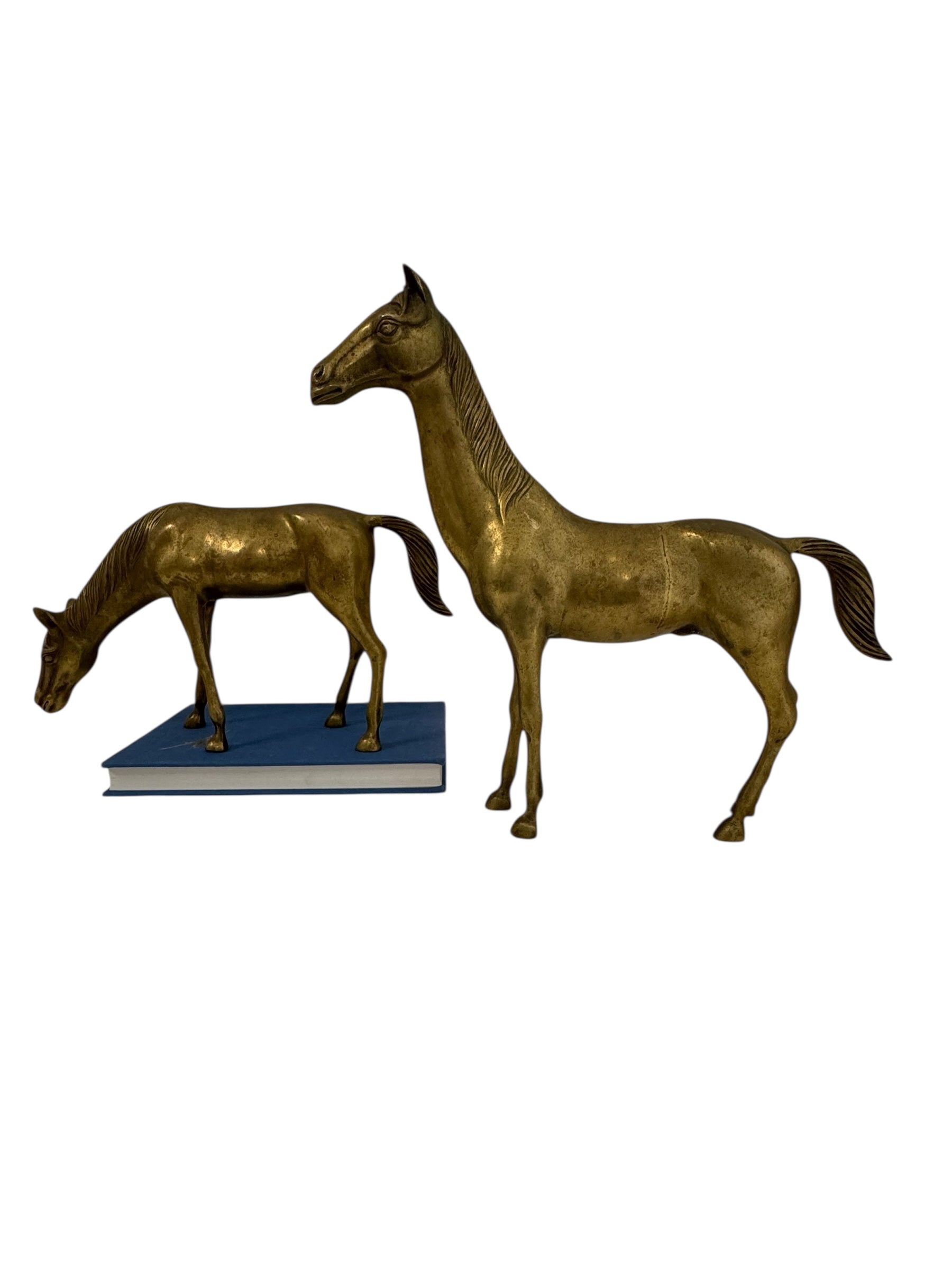 Large Vintage Brass Horse Sculptures – Grazing and Standing Pair (14.5 and 13.5 inches long)