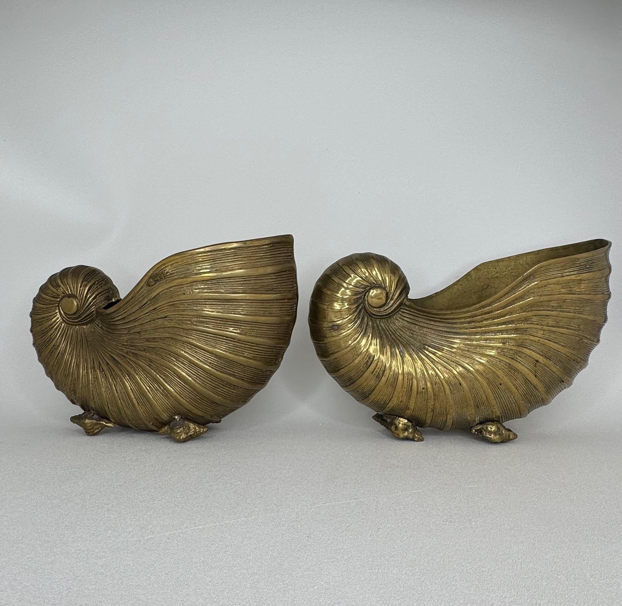 Vintage Brass Nautilus Shell Vessels / Wine Holders / Cachepots