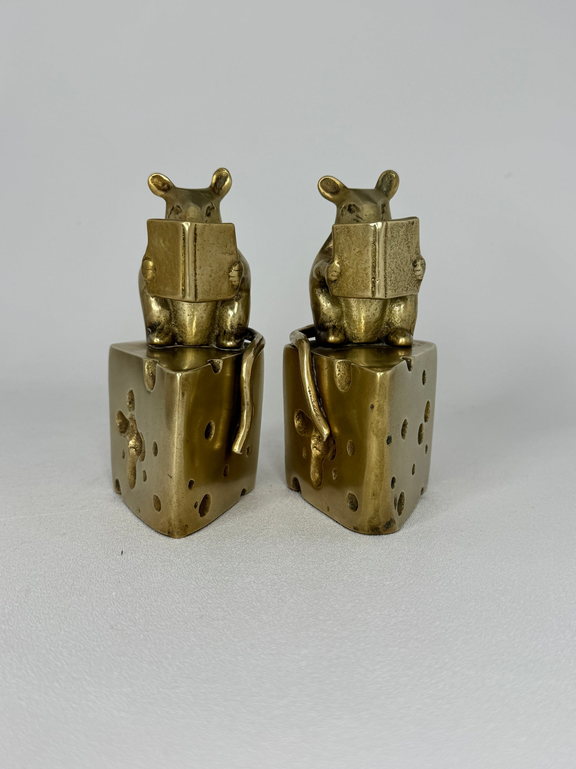 Vintage Brass Mice Reading Books Atop a Slice of Cheese-A Pair