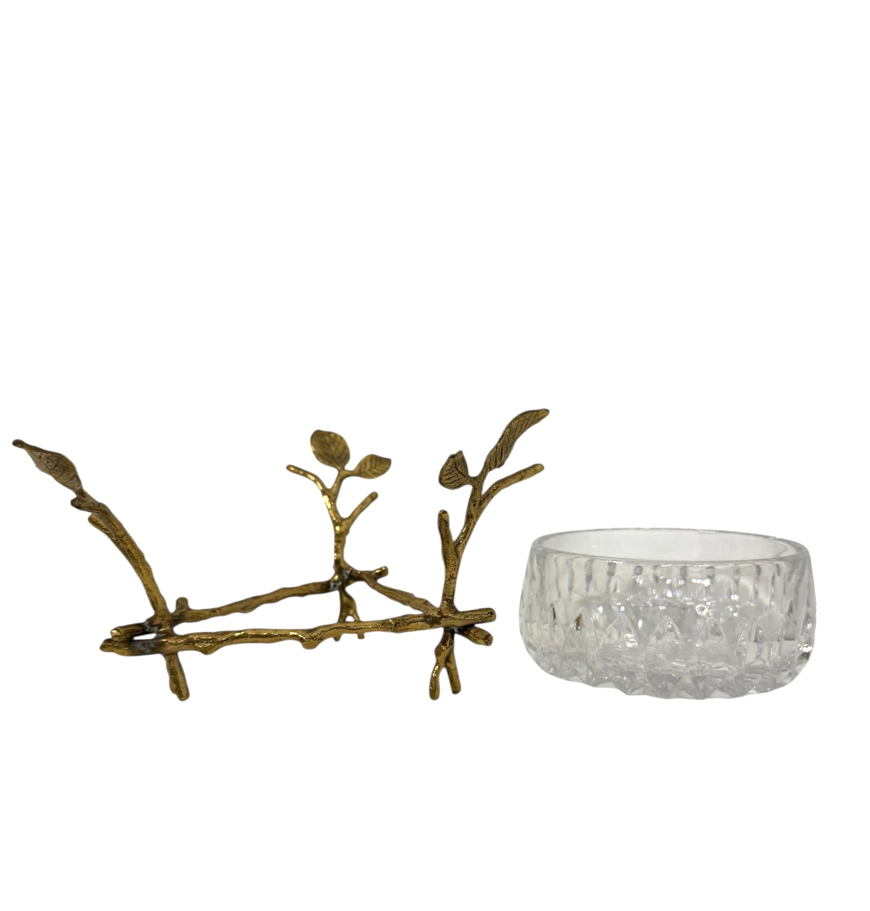 Vintage Cut Crystal Bowl with Ornate Brass Branch &amp; Leaf Stand – Mid-Century Elegance