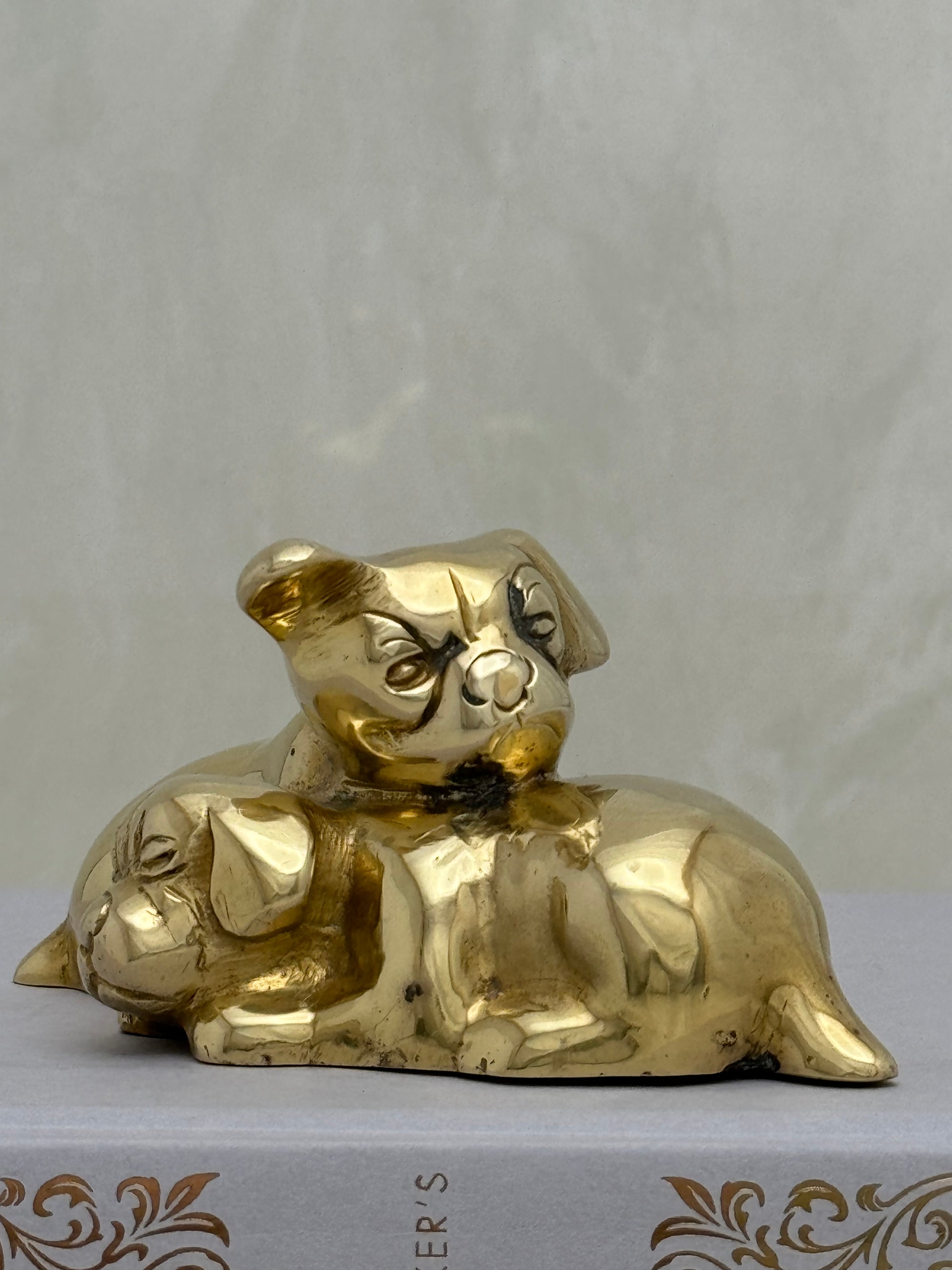 Cute Small Vintage Brass Sleeping Bulldog Puppies-A Collectible