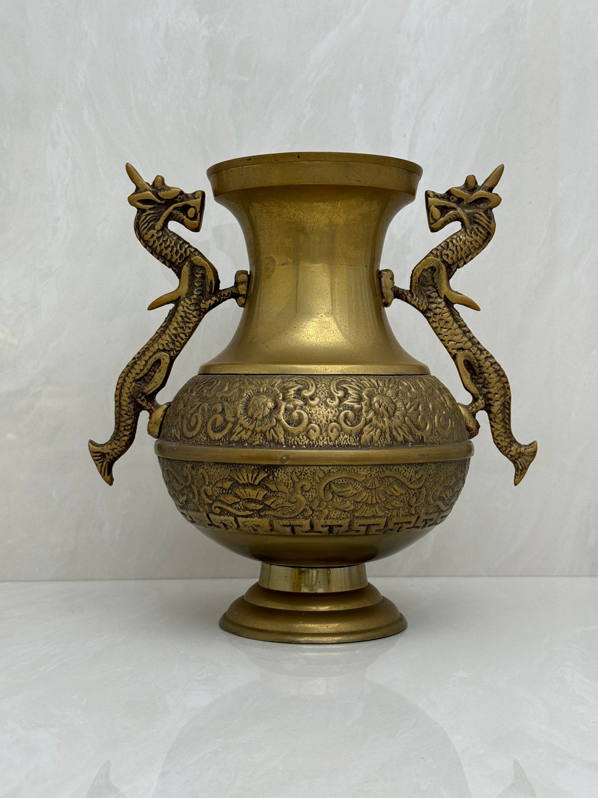 Vintage Brass Vase With Dragon Handles