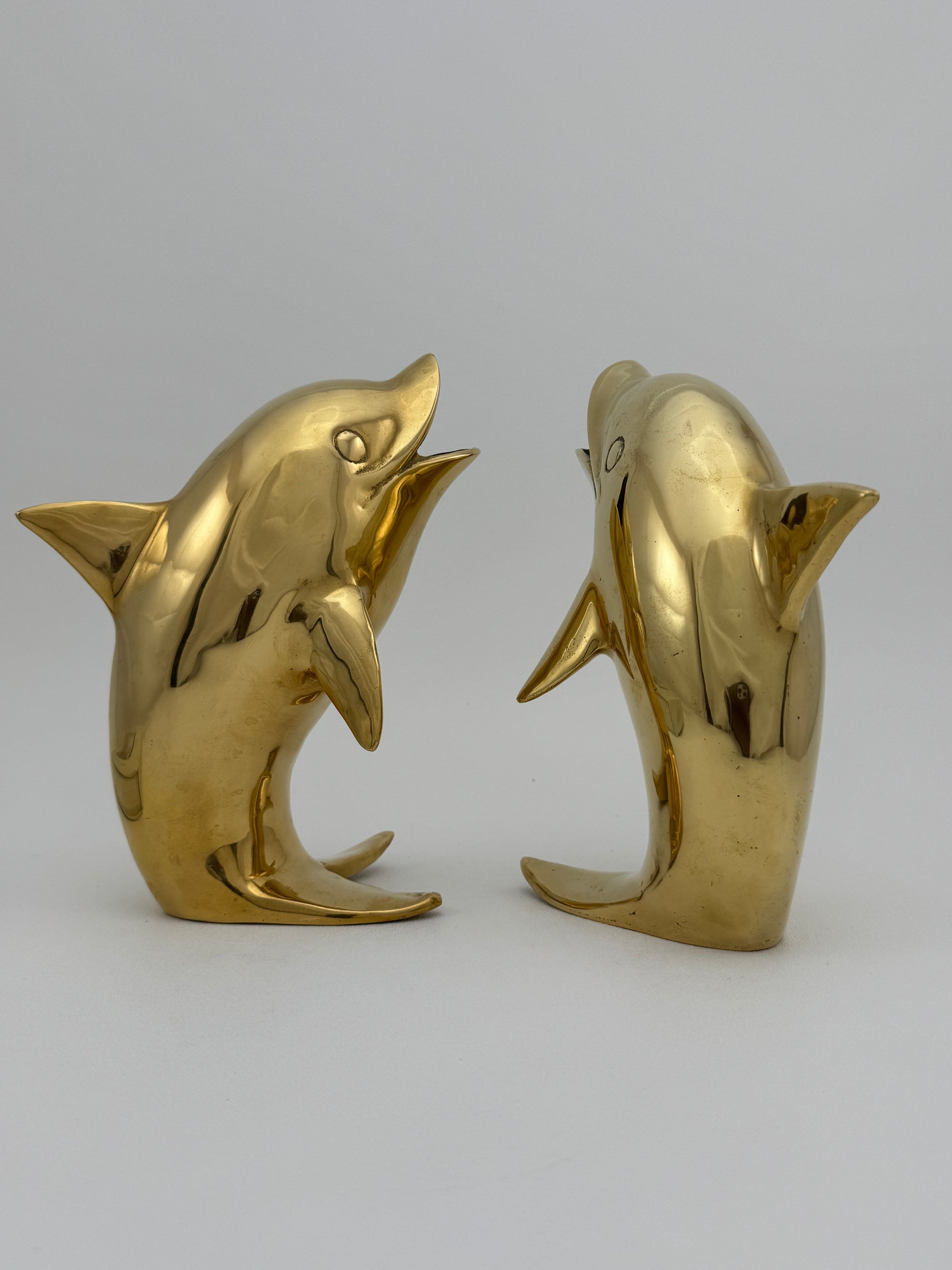 Vintage Solid Brass Dolphins – 10” Coastal Wishing Vessels/Coin Banks-A Pair