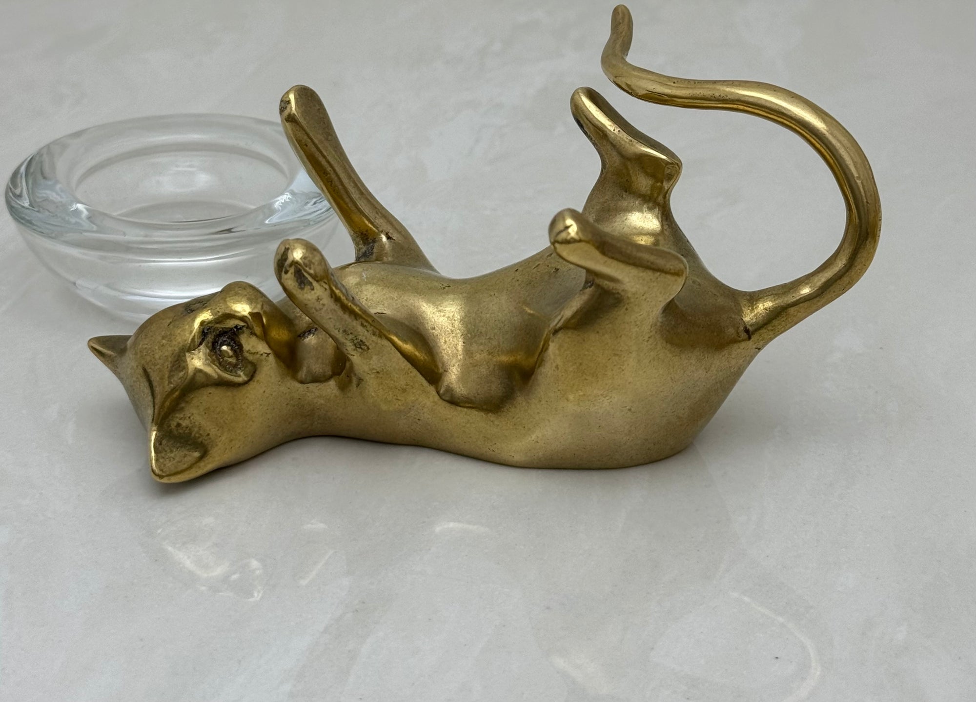 Vintage Brass Cat With Glass Candleholder