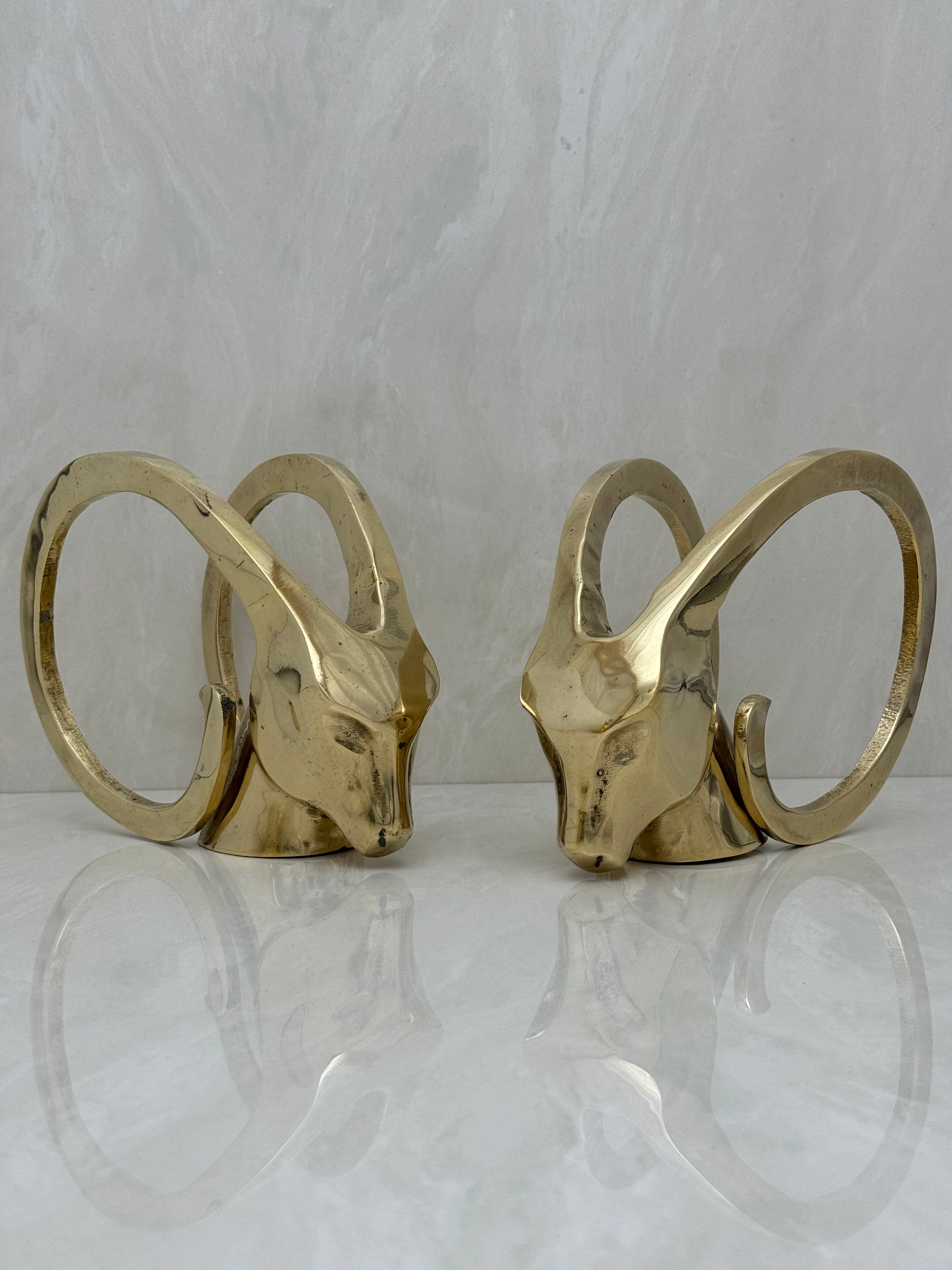 Vintage Brass Rams with Curled Horns-A Pair