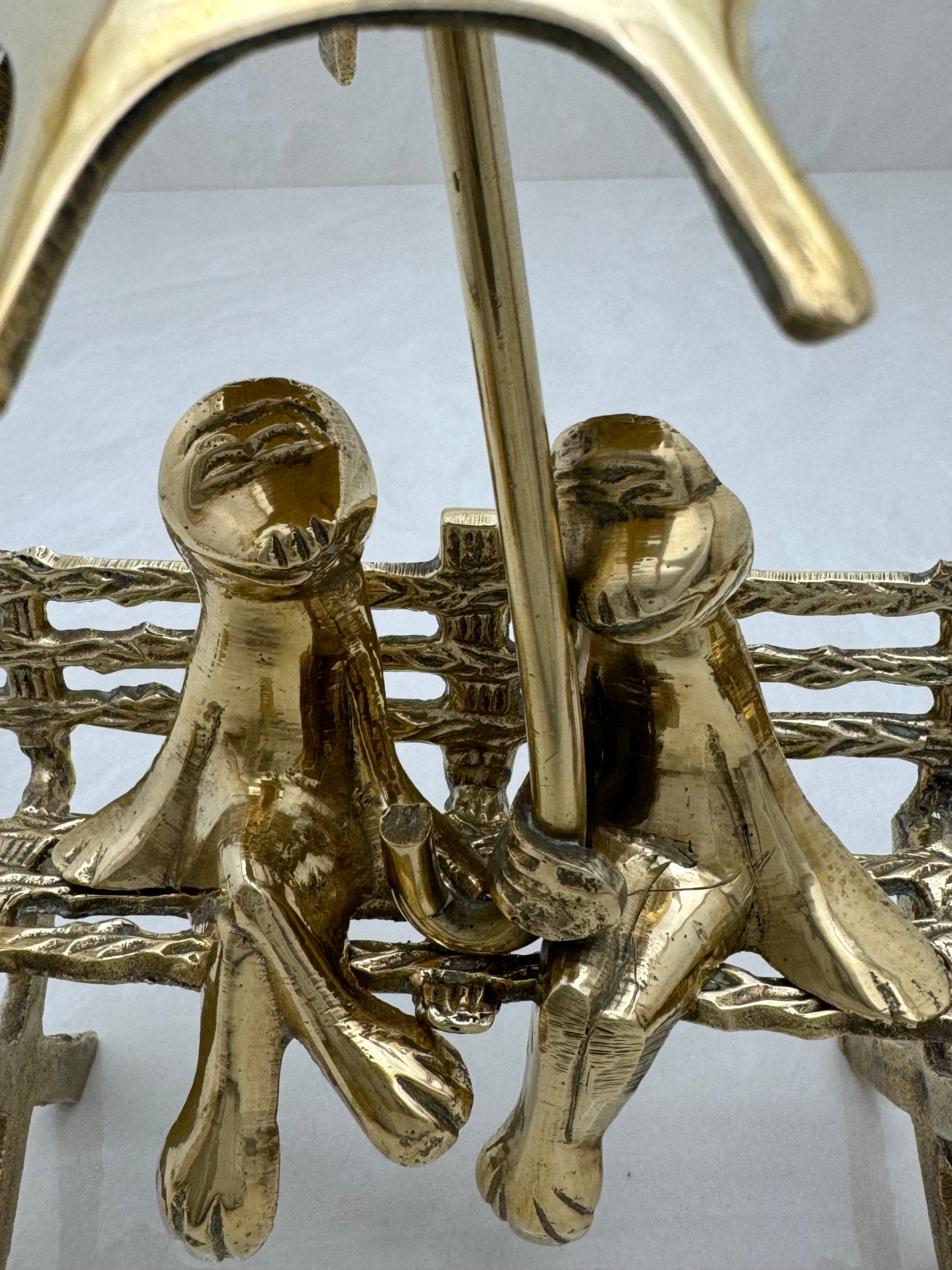 Vintage Brass Charming Frogs on Bench Under Umbrella