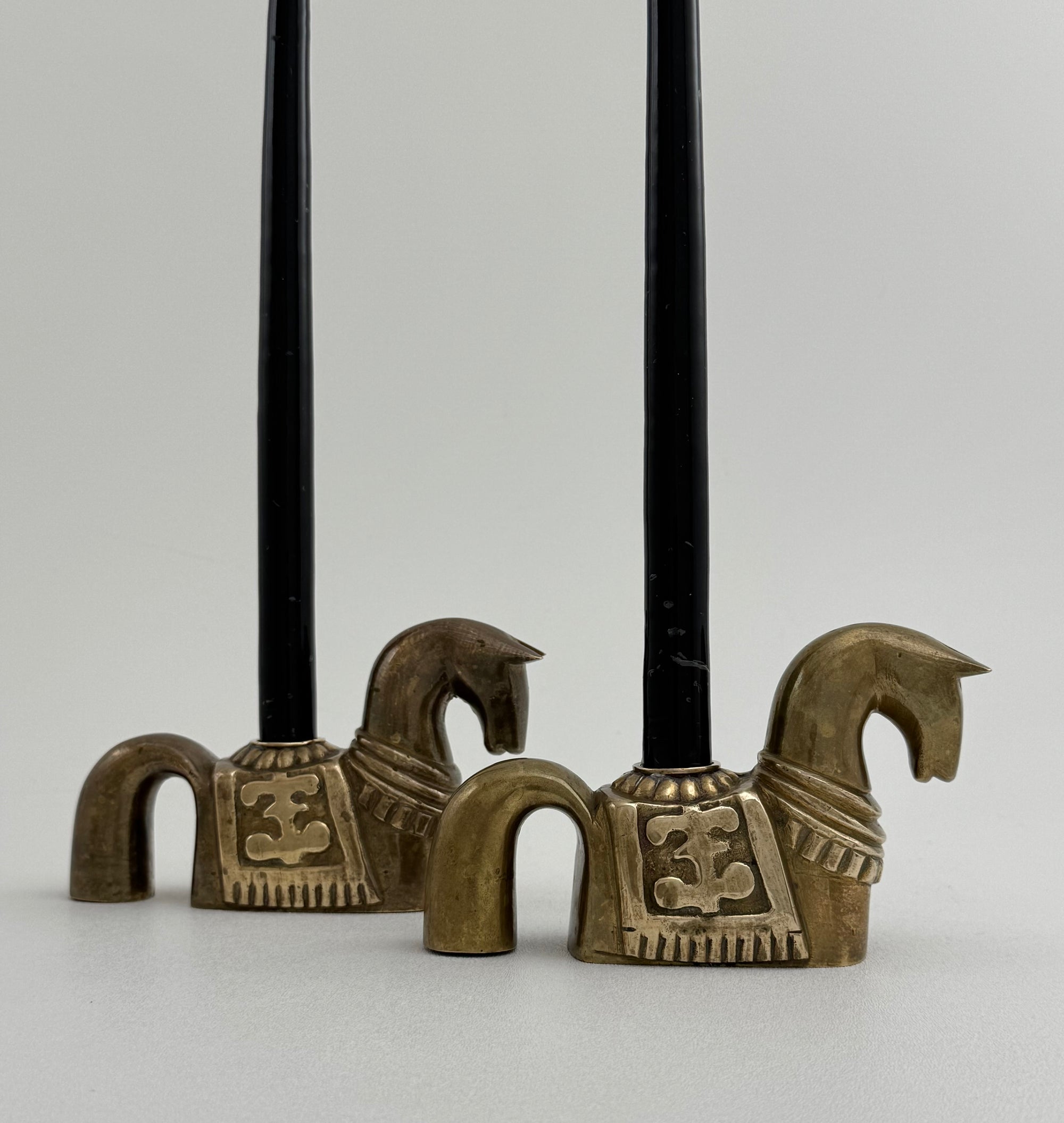 Pair of Vintage Trojan Horse Brass Candleholders