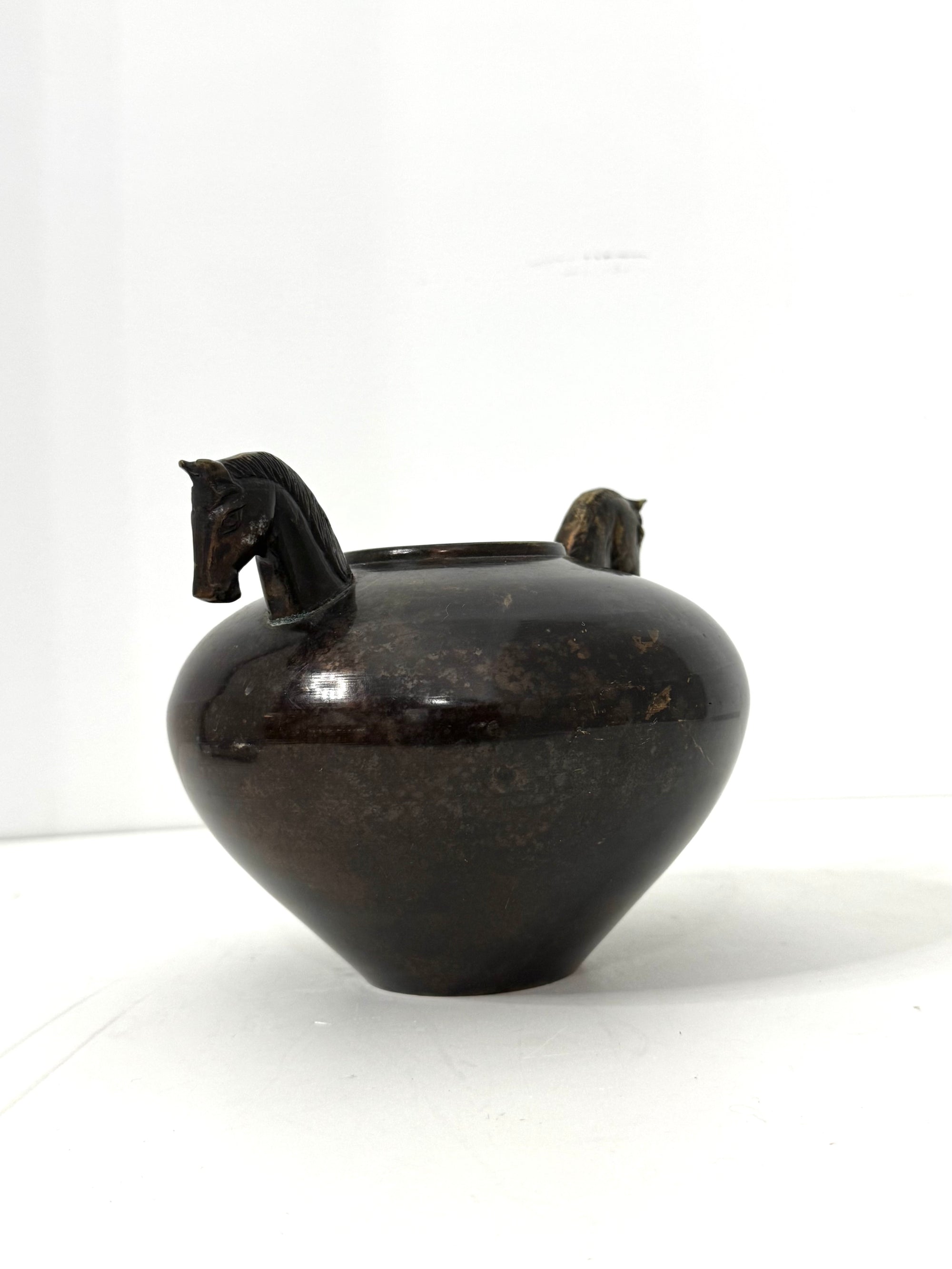 Vintage Bronze Horse Head Vessel | Dual Horse Sculpture Vase