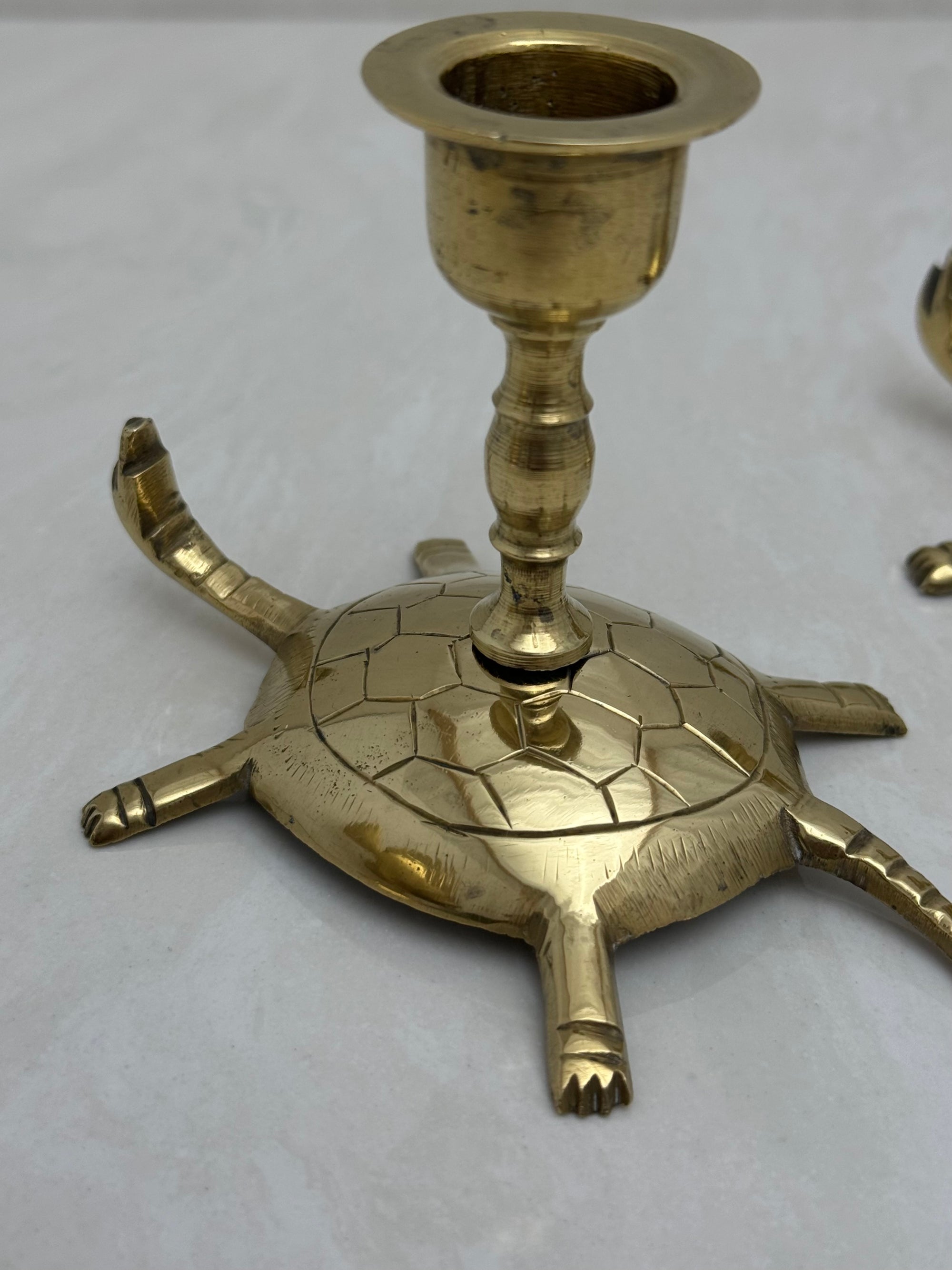 Vintage Brass Turtle Candlestick Holders- A Pair of