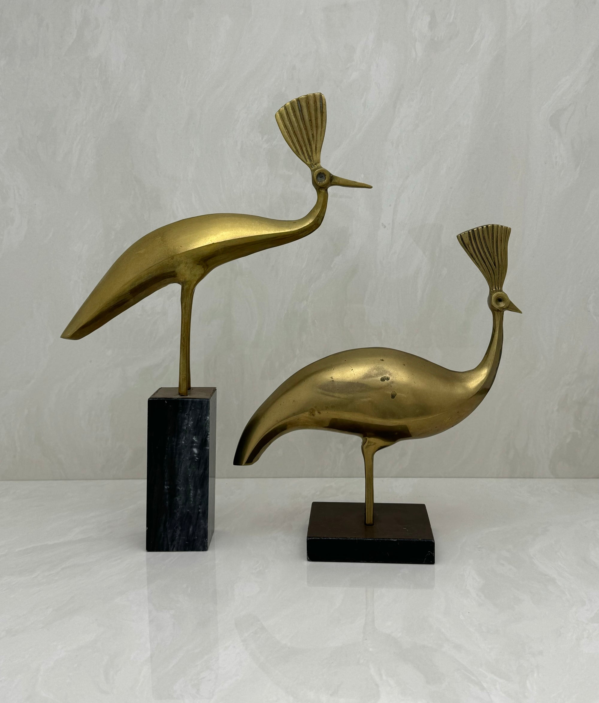 Vintage Brass Peacocks on Marble Bases- A Pair by Rosenthal Netter