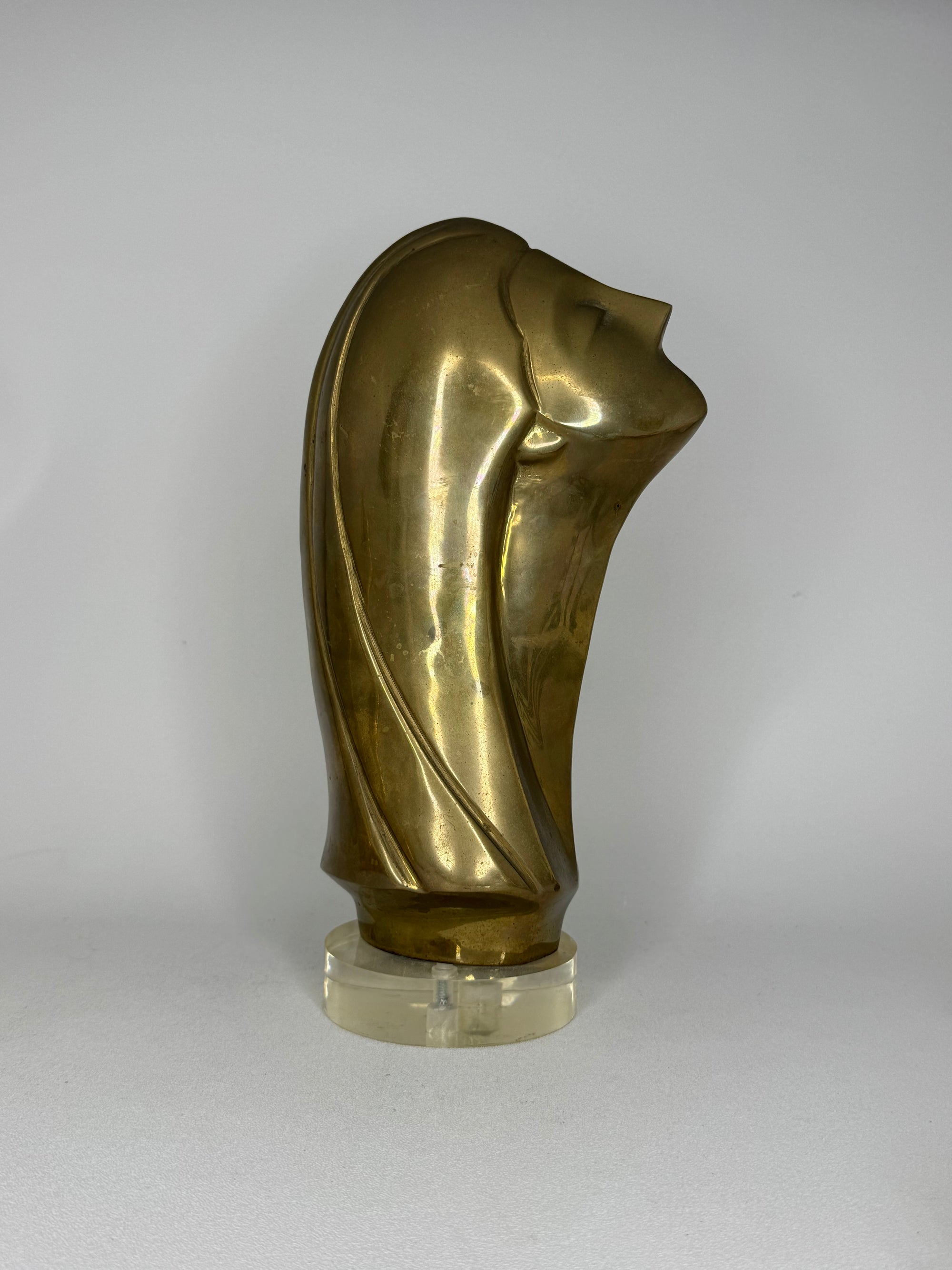 Modernist Brass Female Bust Sculpture | Abstract Woman’s Head, Vintage Brass Art Object on Lucite Base