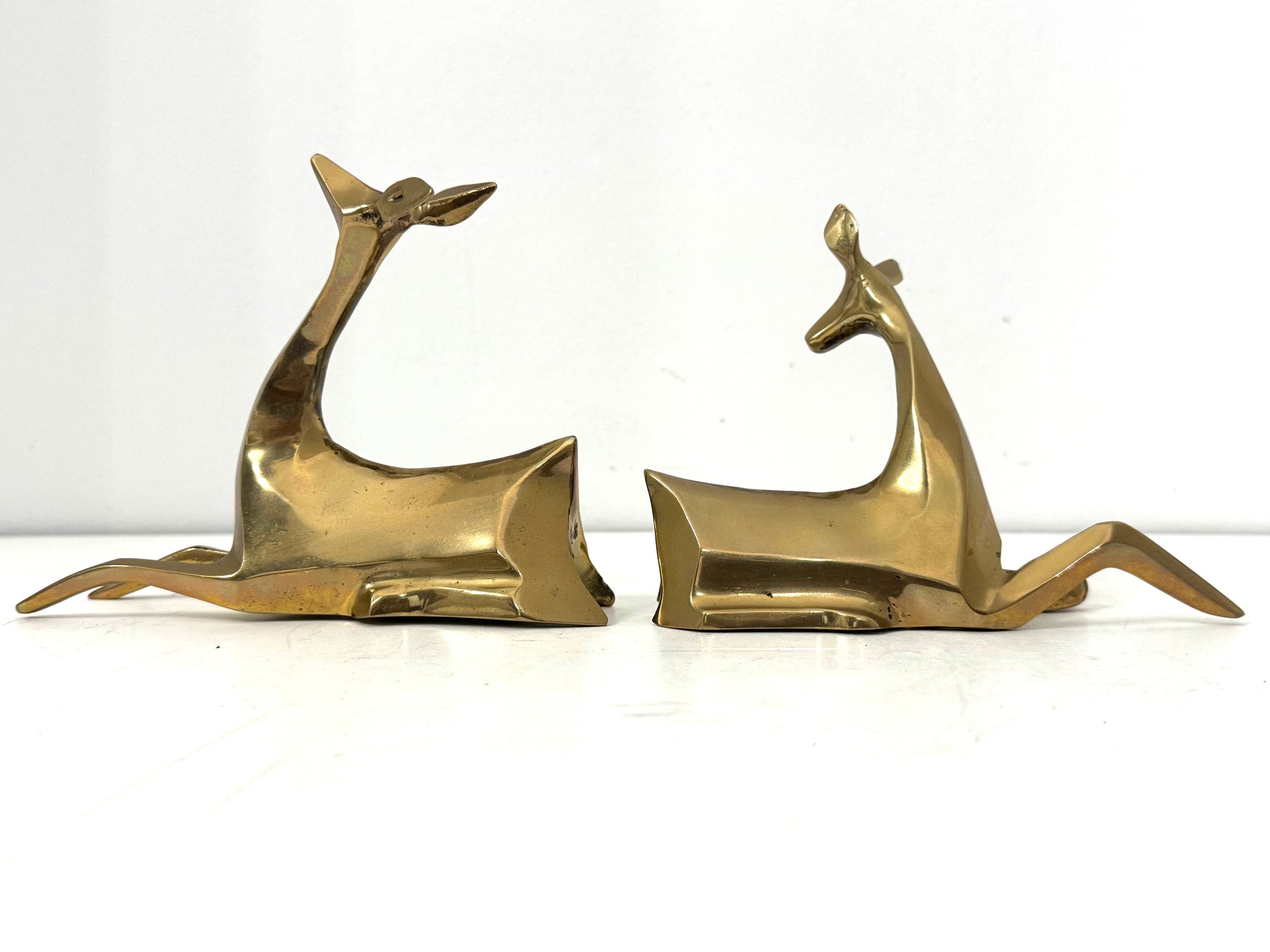 1984 Enesco Brass Deer Sculptures — Abstract Mid-Century Modern Pair, Made in Korea