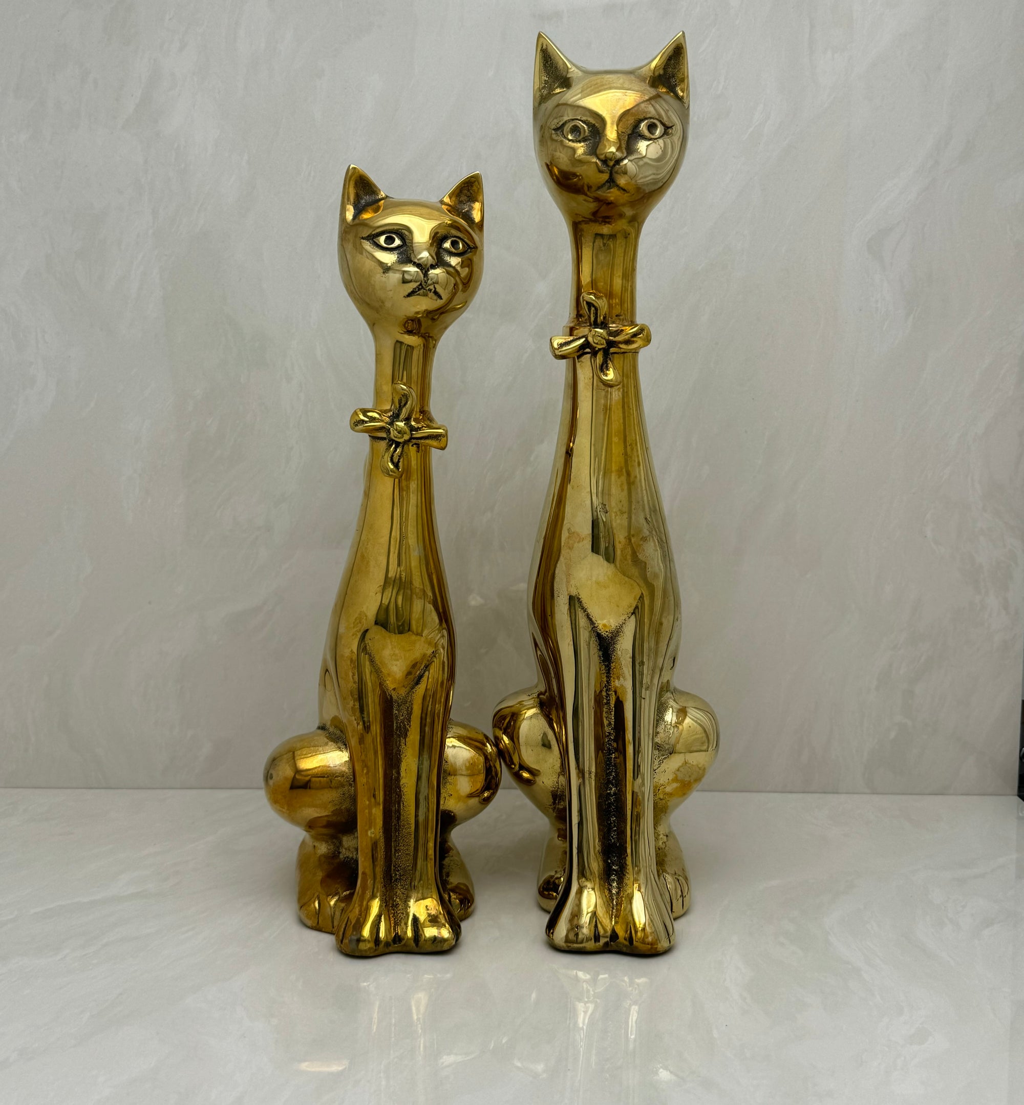 Large Vintage Brass Cats With Bow Tie-A Pair