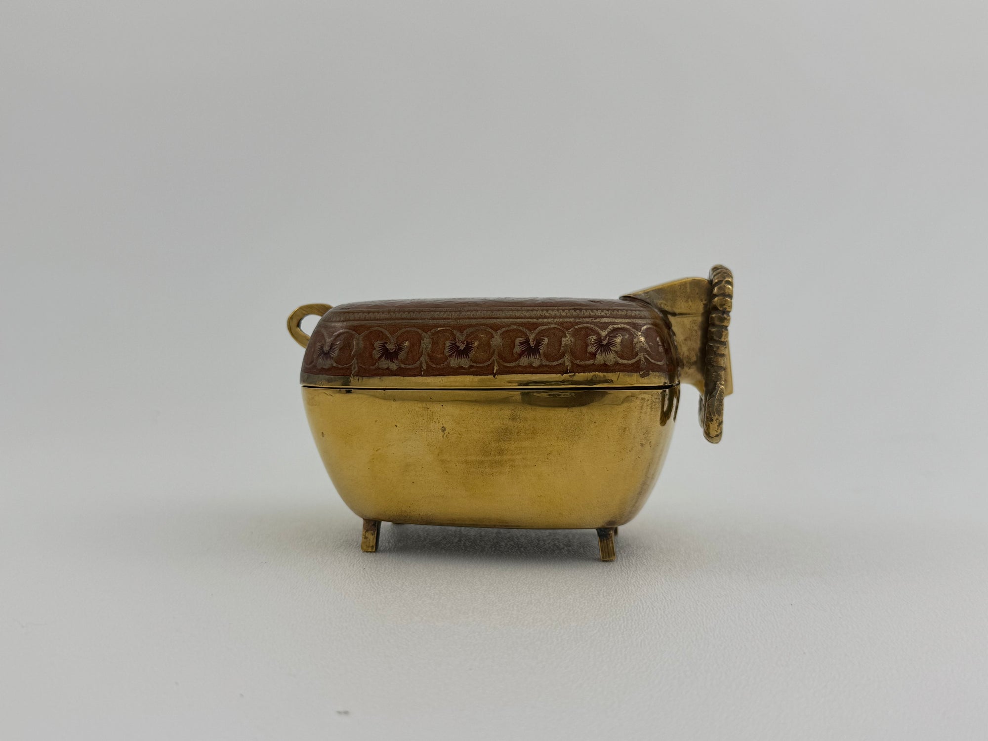 Vintage Brass Goat Trinket Dish With Enameled Etchings