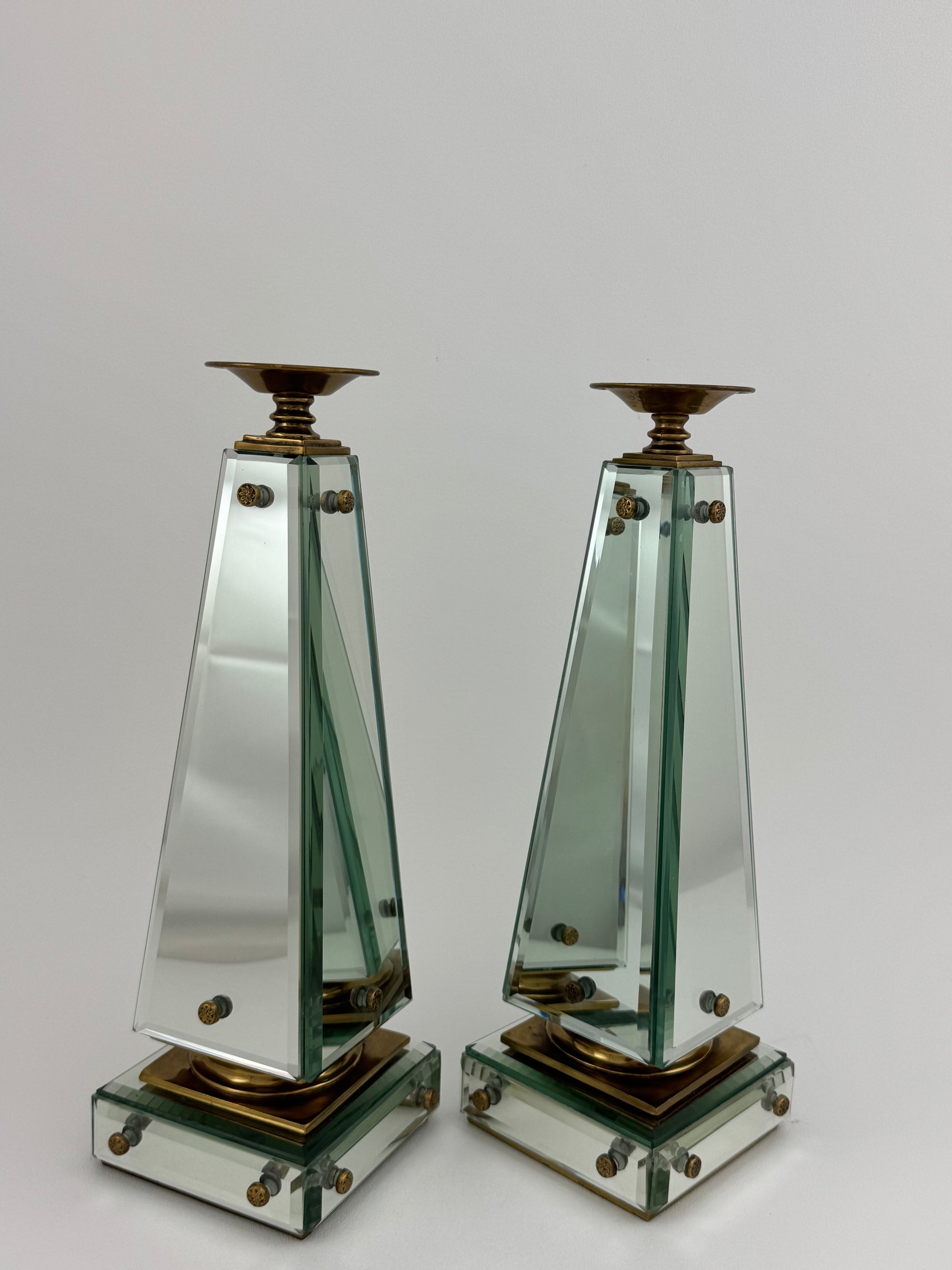 Pair of Vintage Maitland-Smith Mirrored Obelisk Candlesticks