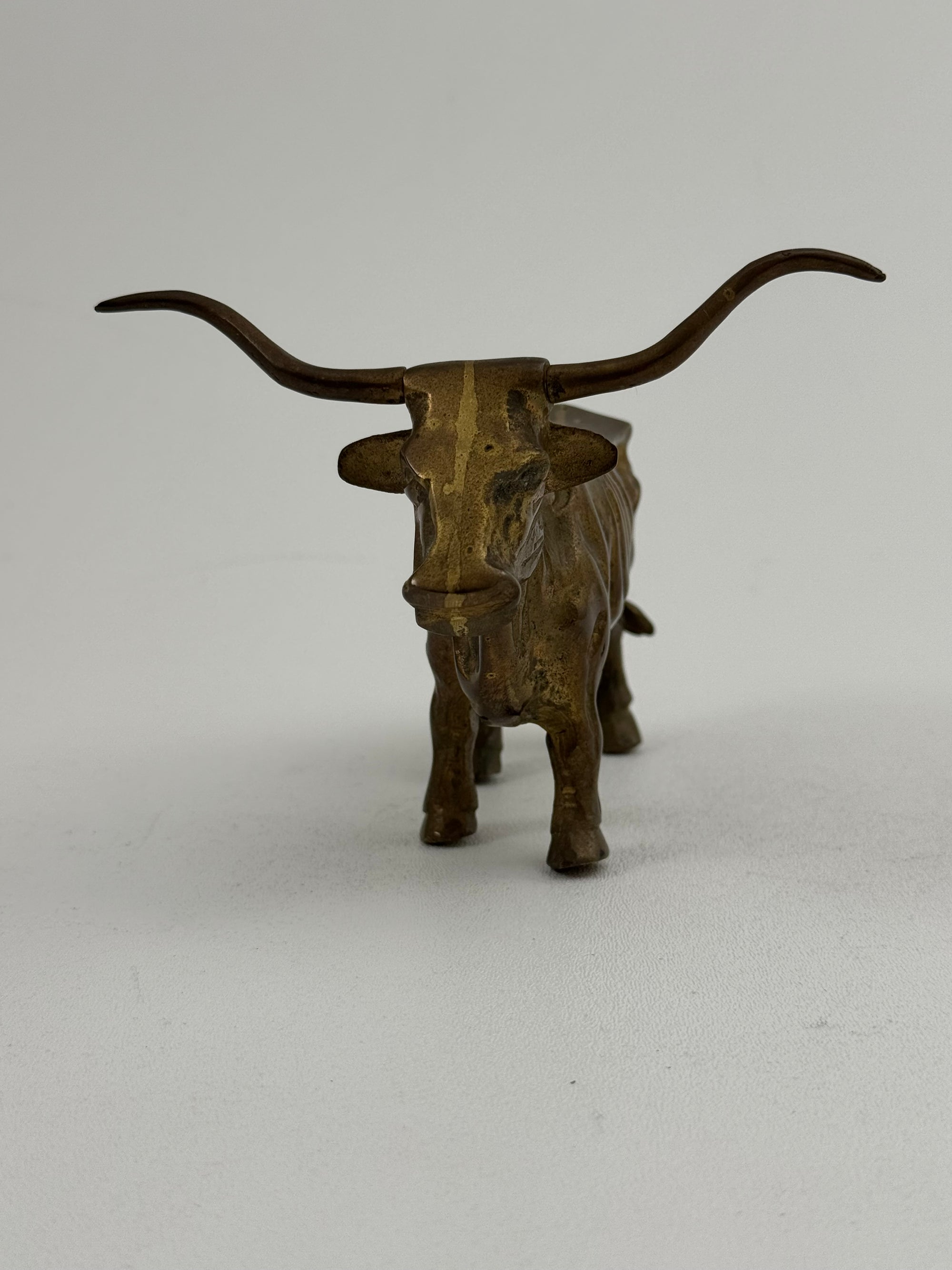 Vintage Brass Longhorn Bull Sculpture – 7.5” Long, 5.75” Horn Span, 4.75” Tall – Western-Southwestern-Texas Ranch Décor