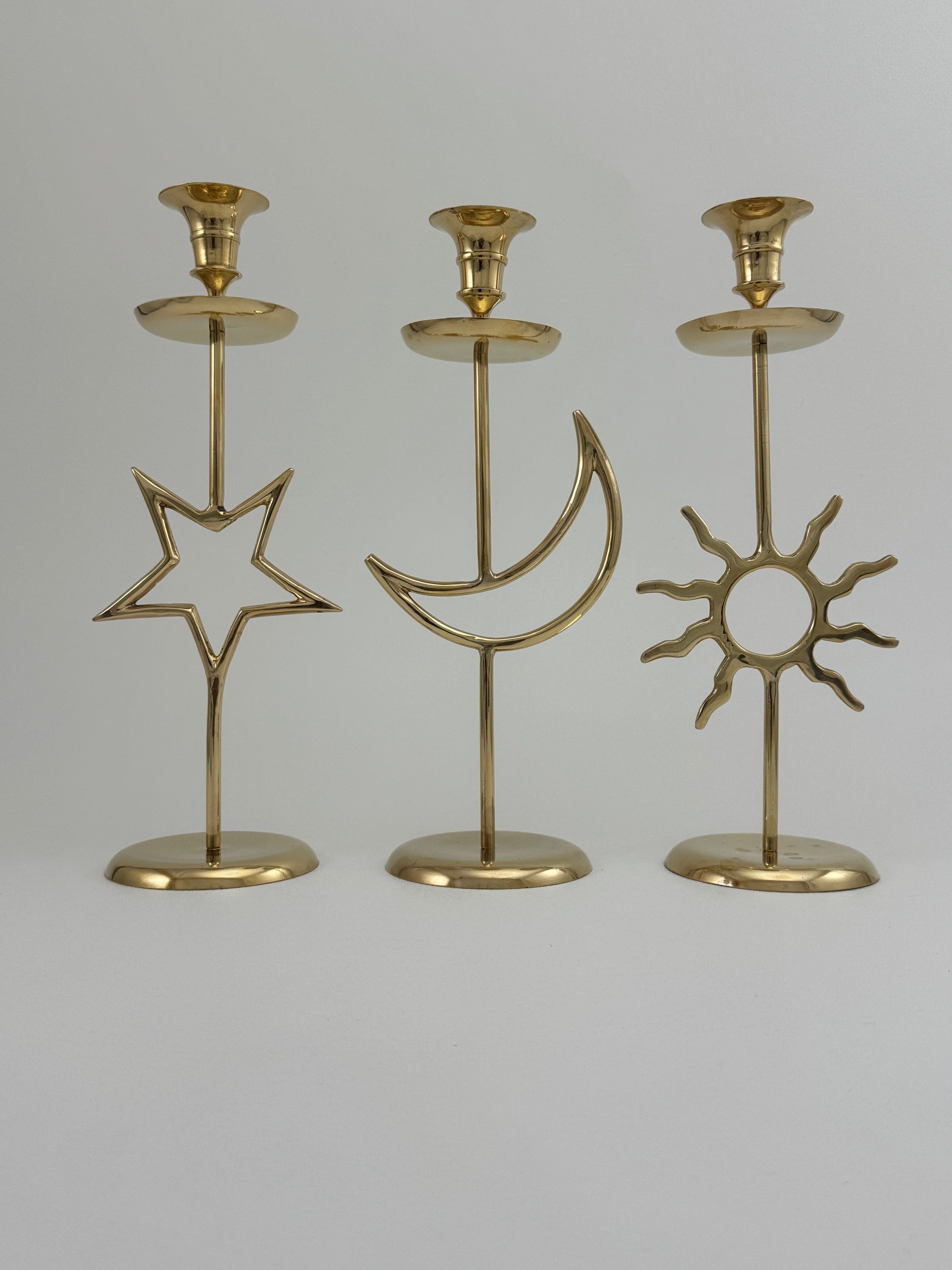 Vintage Brass Sun, Moon &amp; Star Candlestick Trio – Celestial Mid-Century Modern Candle Holders