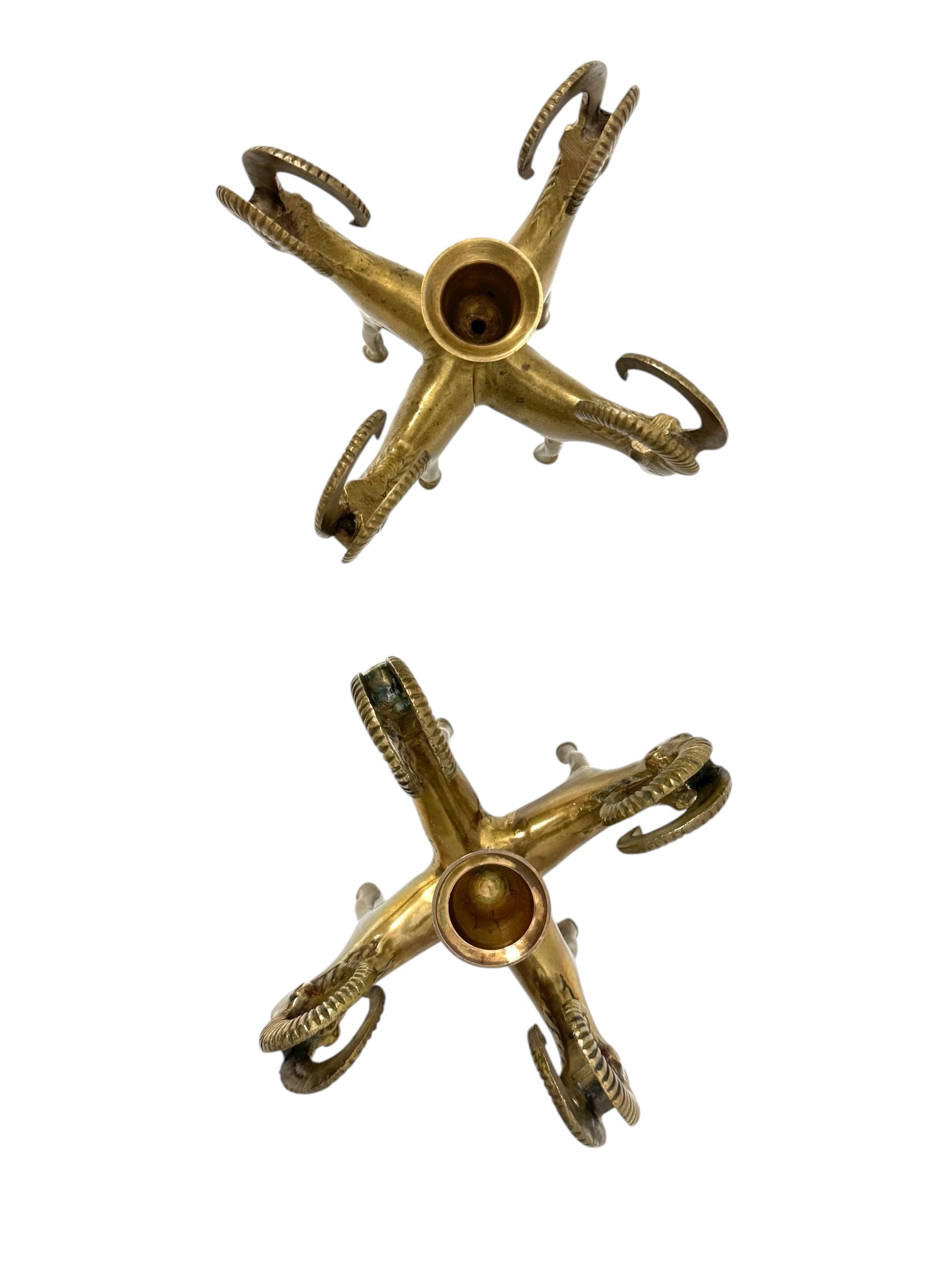 Exceptional Pair of Vintage Four-Headed Ram Brass Candleholders – MCM Sculptural Decor | Hollywood Regency Masterpieces