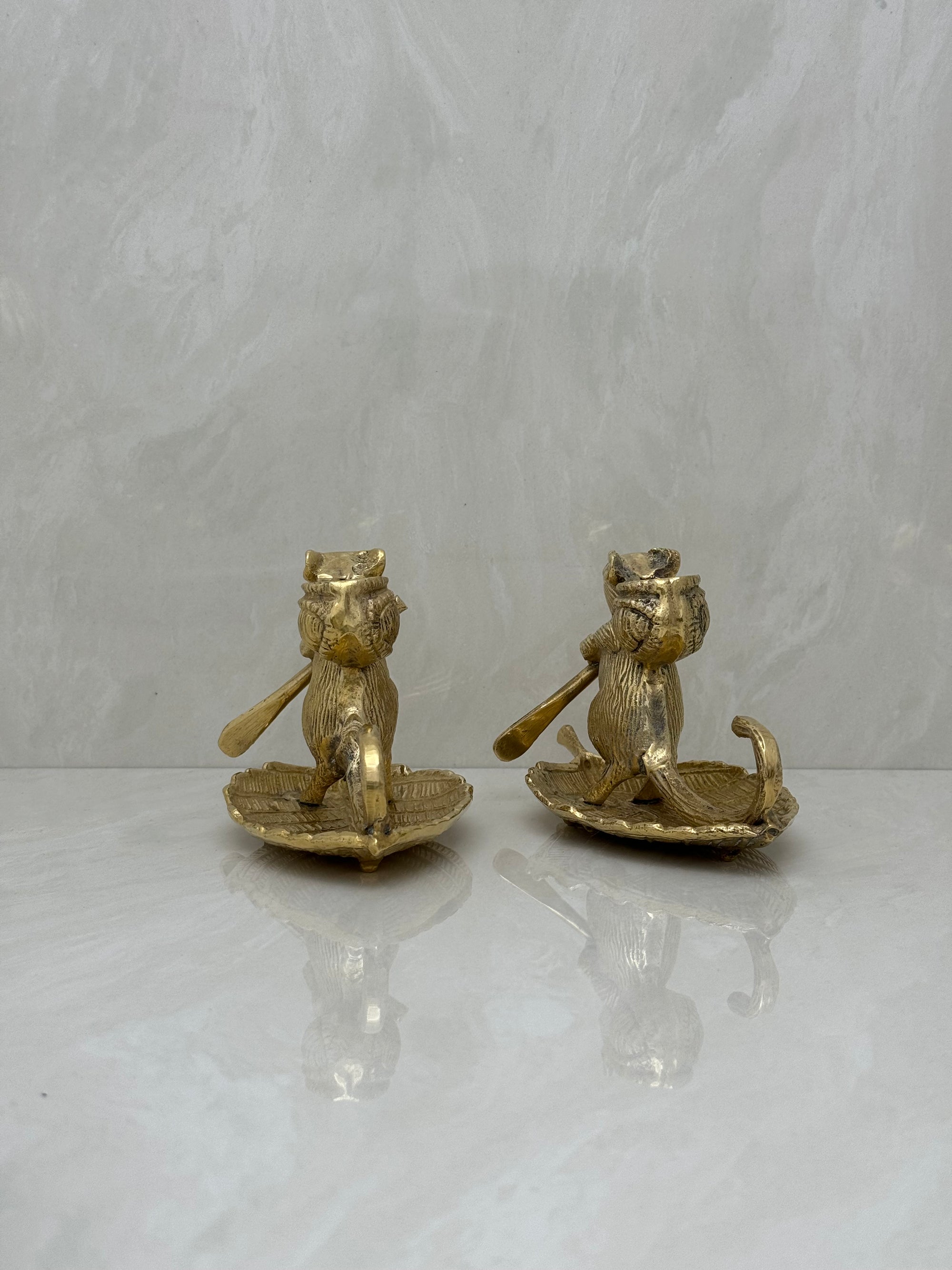 Whimsical Vintage Bronze Mouse Candleholders – Leaf Boats- A Pair