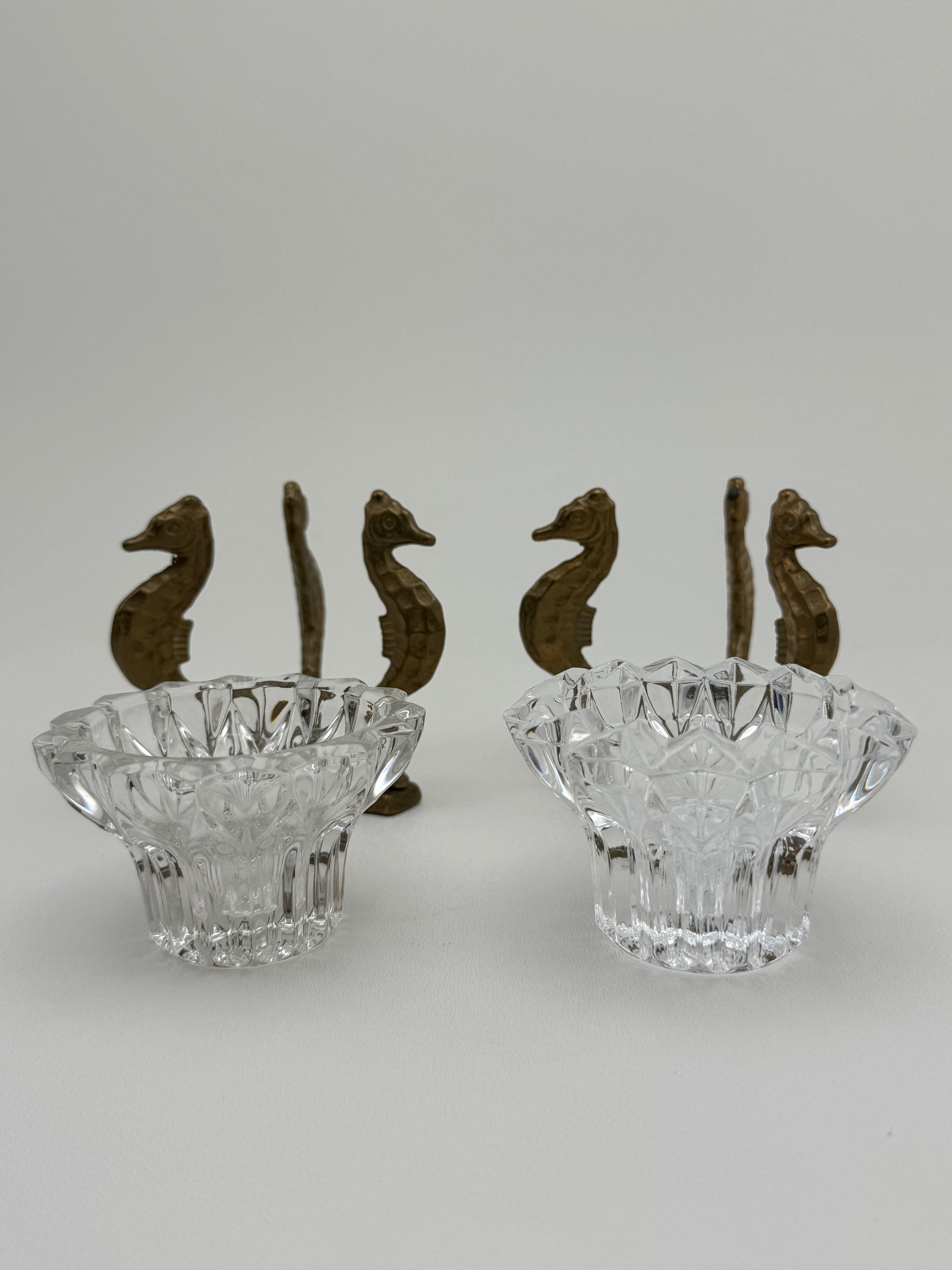 Vintage Brass Seahorse Stands with Crystal Inserts-A Pair