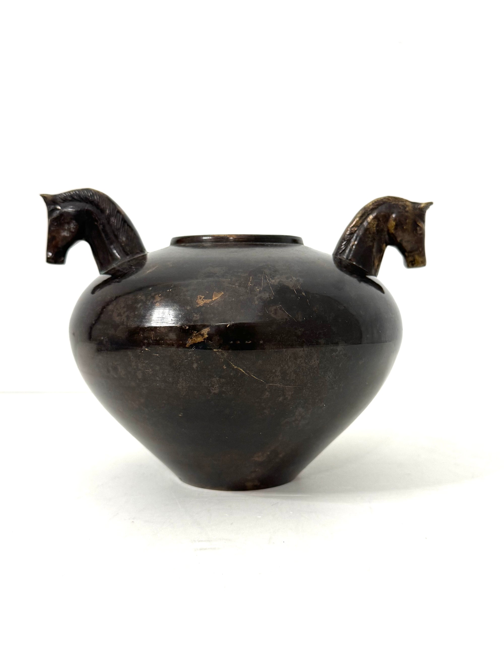 Vintage Bronze Horse Head Vessel | Dual Horse Sculpture Vase