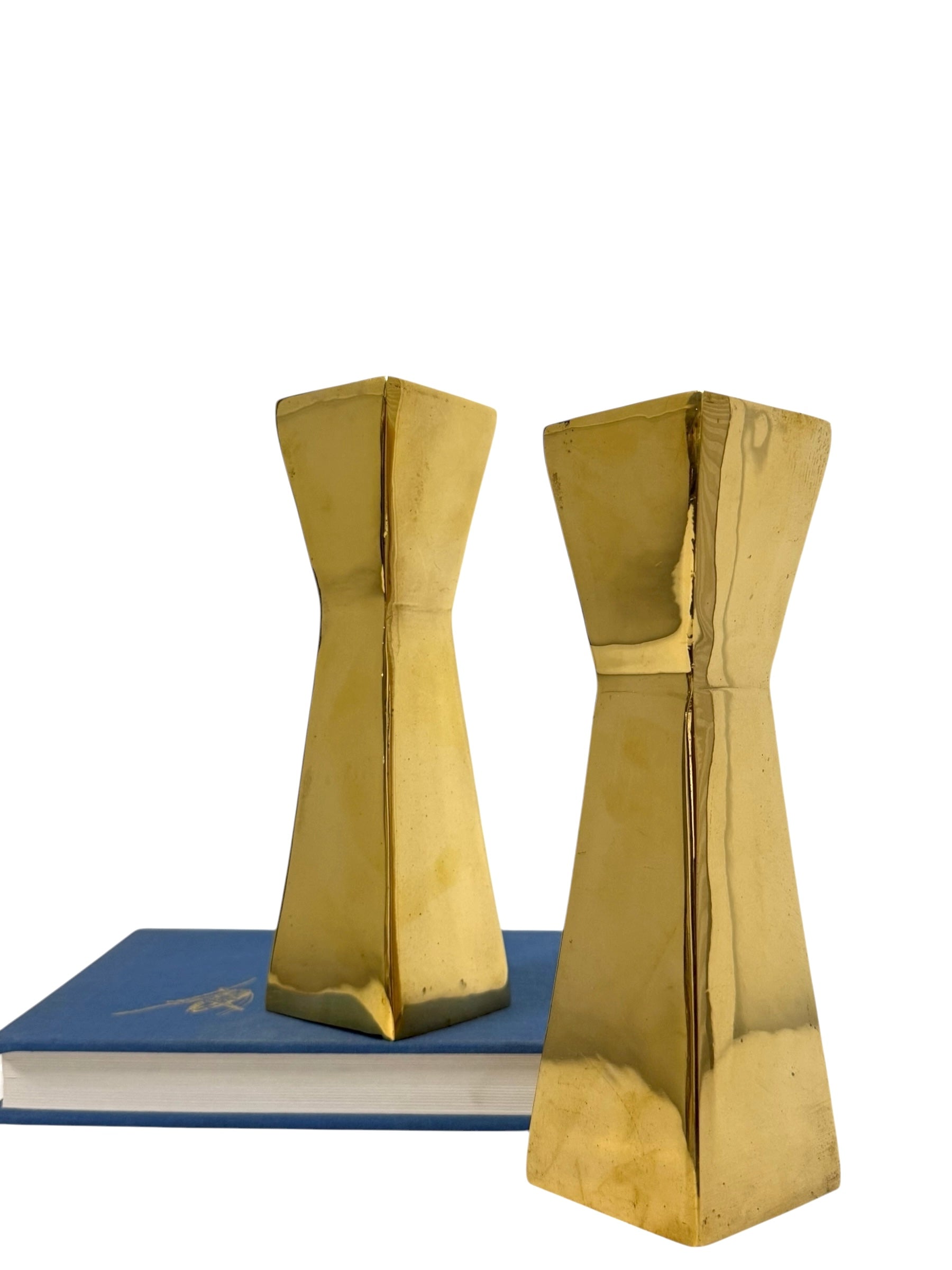 Vintage Polished Brass Geometric Candle Holders | Mid-Century Modern |Art Deco Revival Sculptural Pair