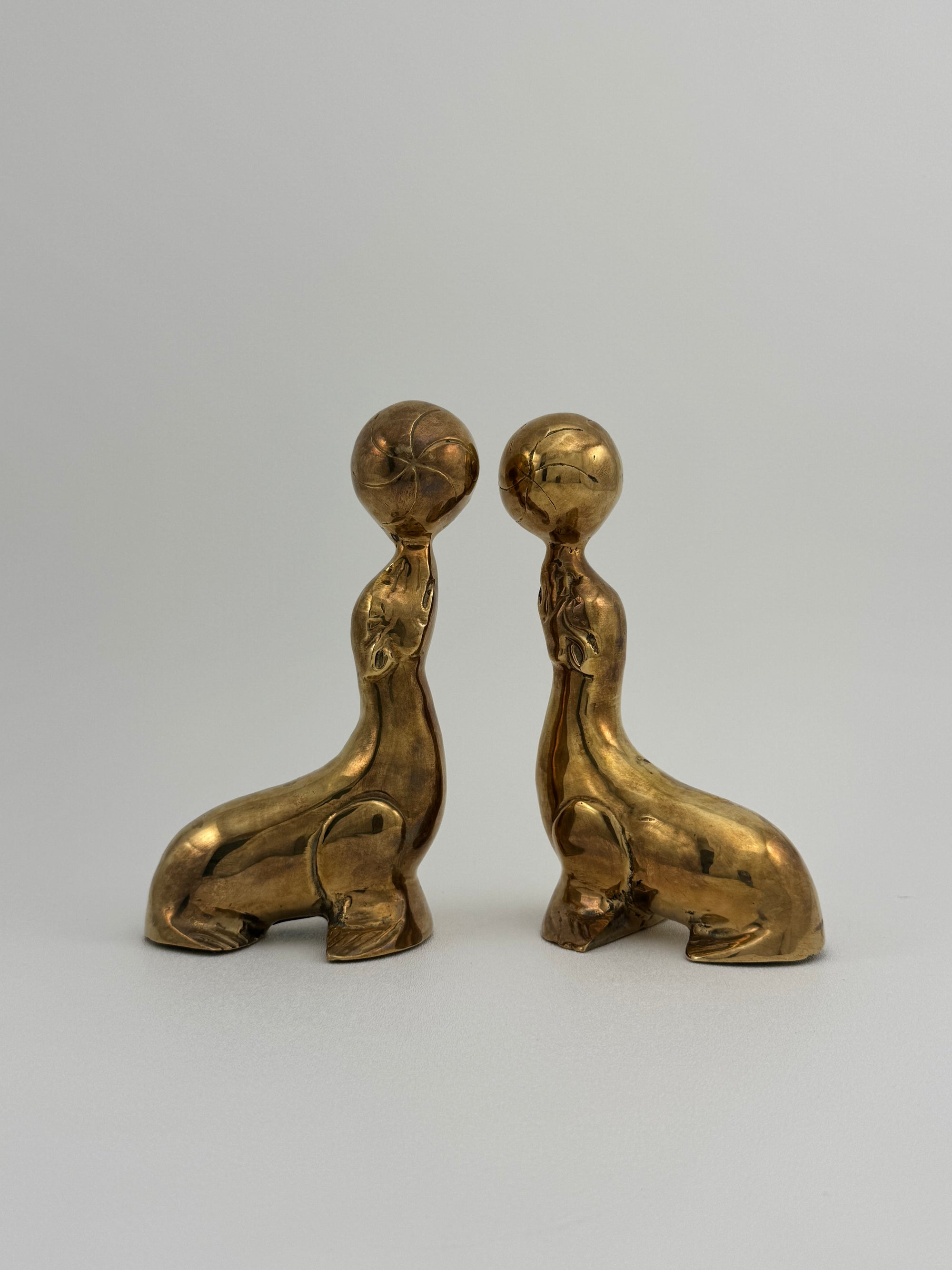 Vintage Brass Seal Bookends with Ball-A Pair