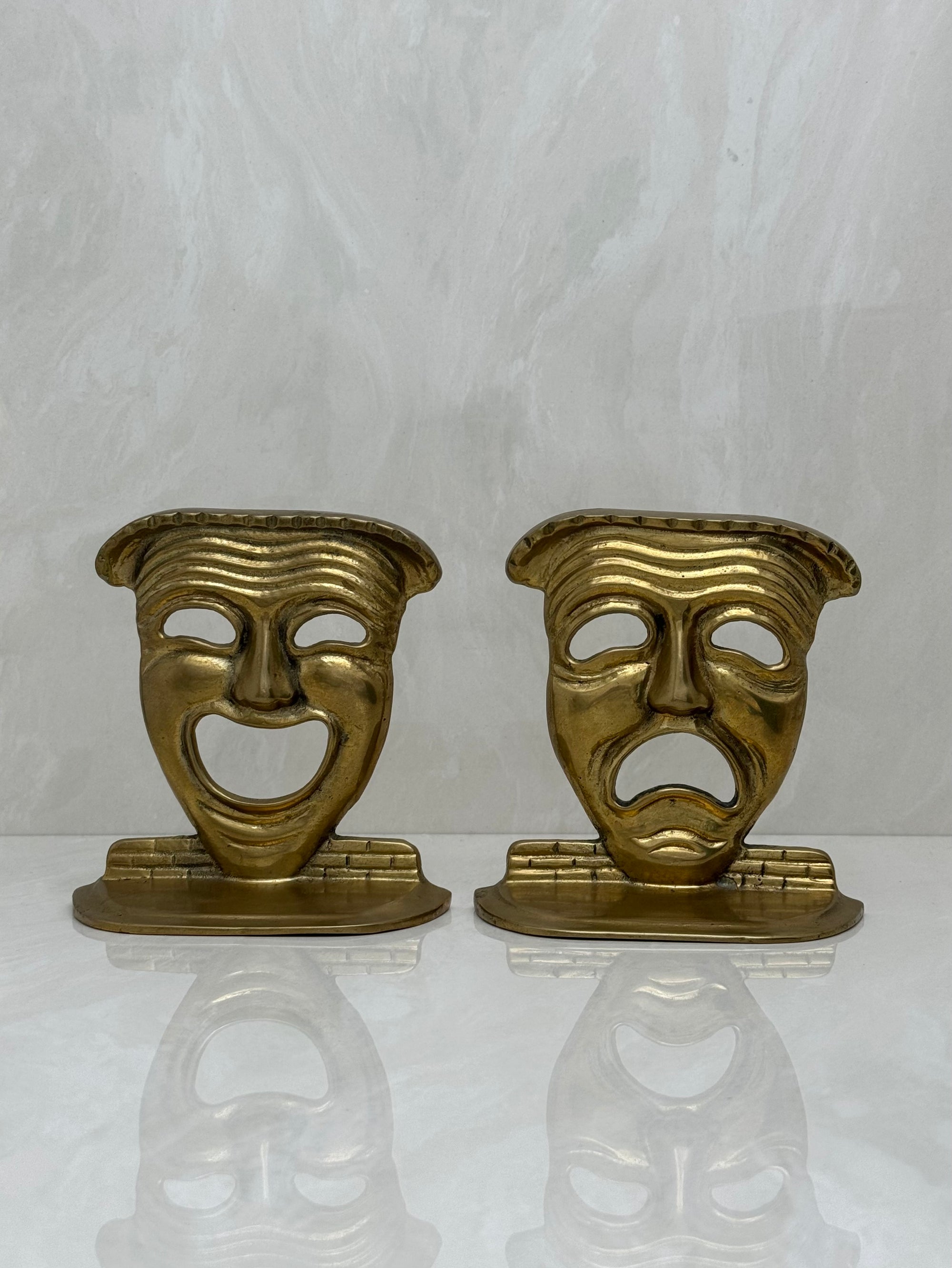 Vintage Brass Drama Masks Bookends- A Pair