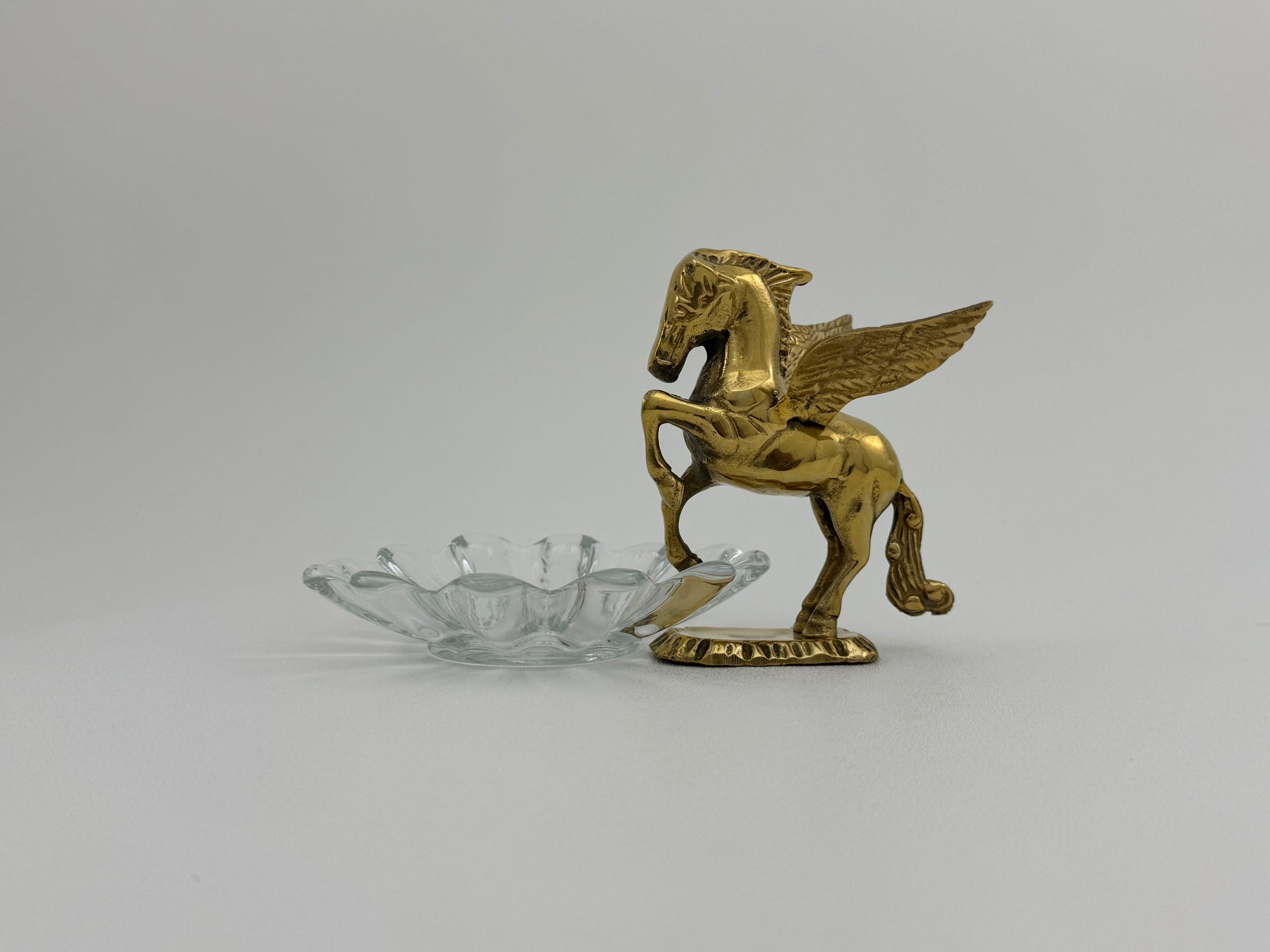 Vintage Brass Pegasus With Glass Trinket Dish- A Set