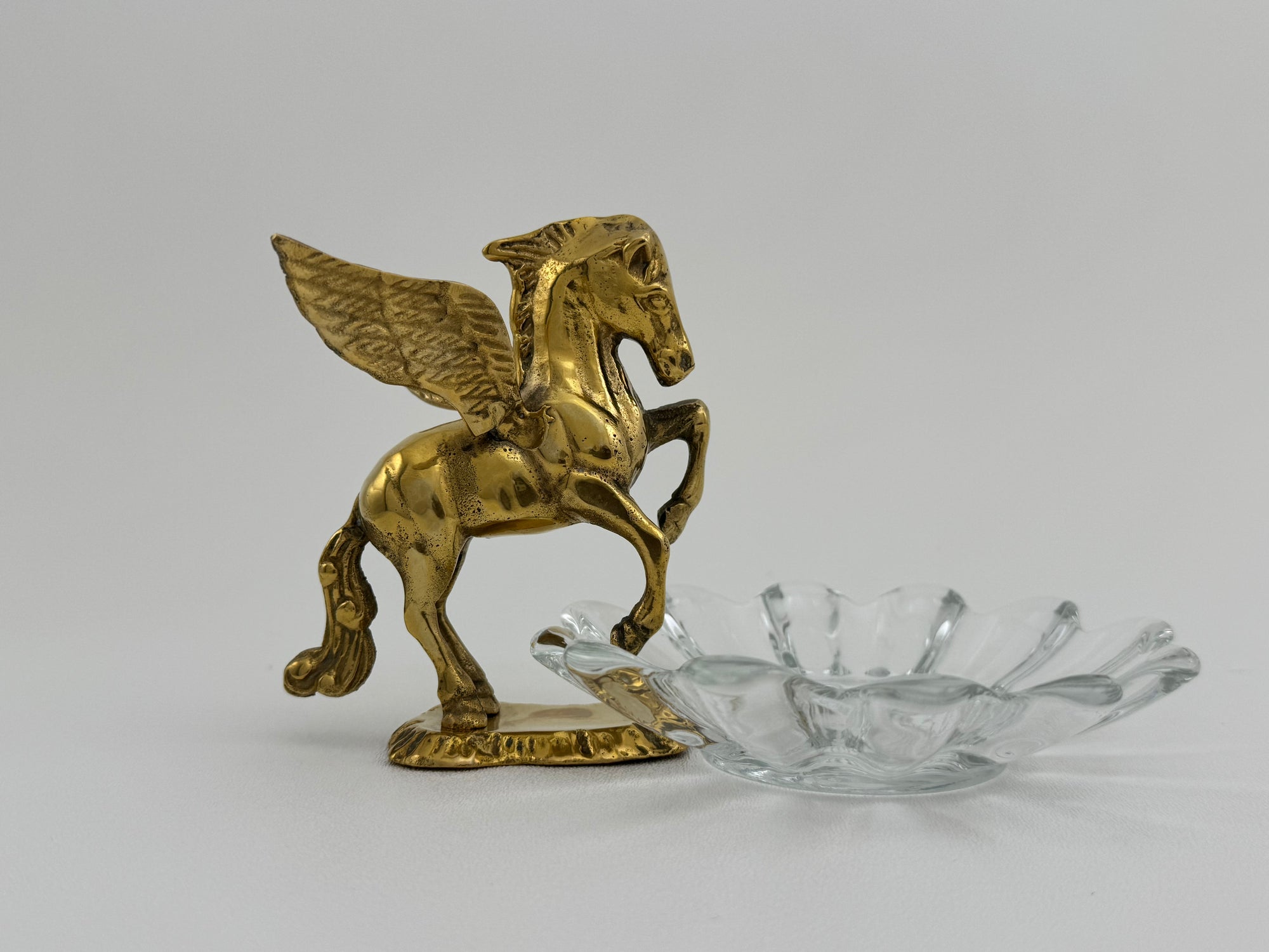 Vintage Brass Pegasus With Glass Trinket Dish- A Set