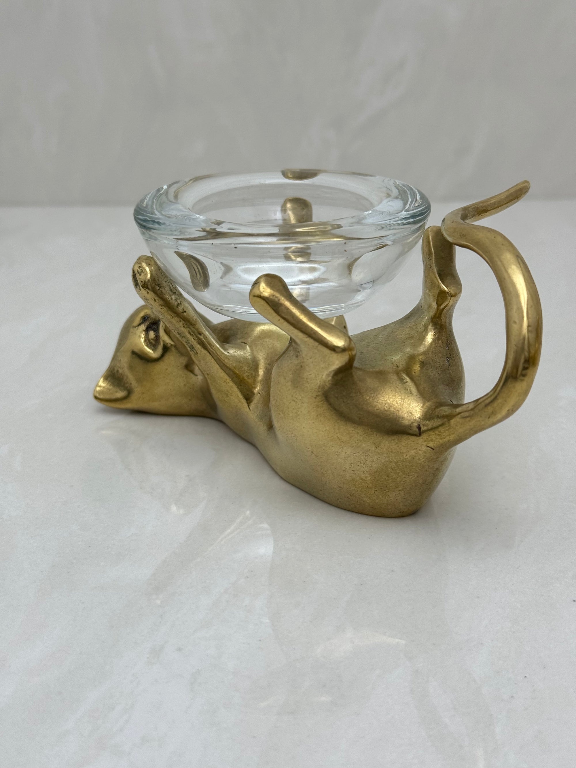 Vintage Brass Cat With Glass Candleholder