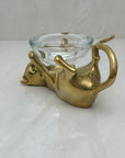 Vintage Brass Cat With Glass Candleholder