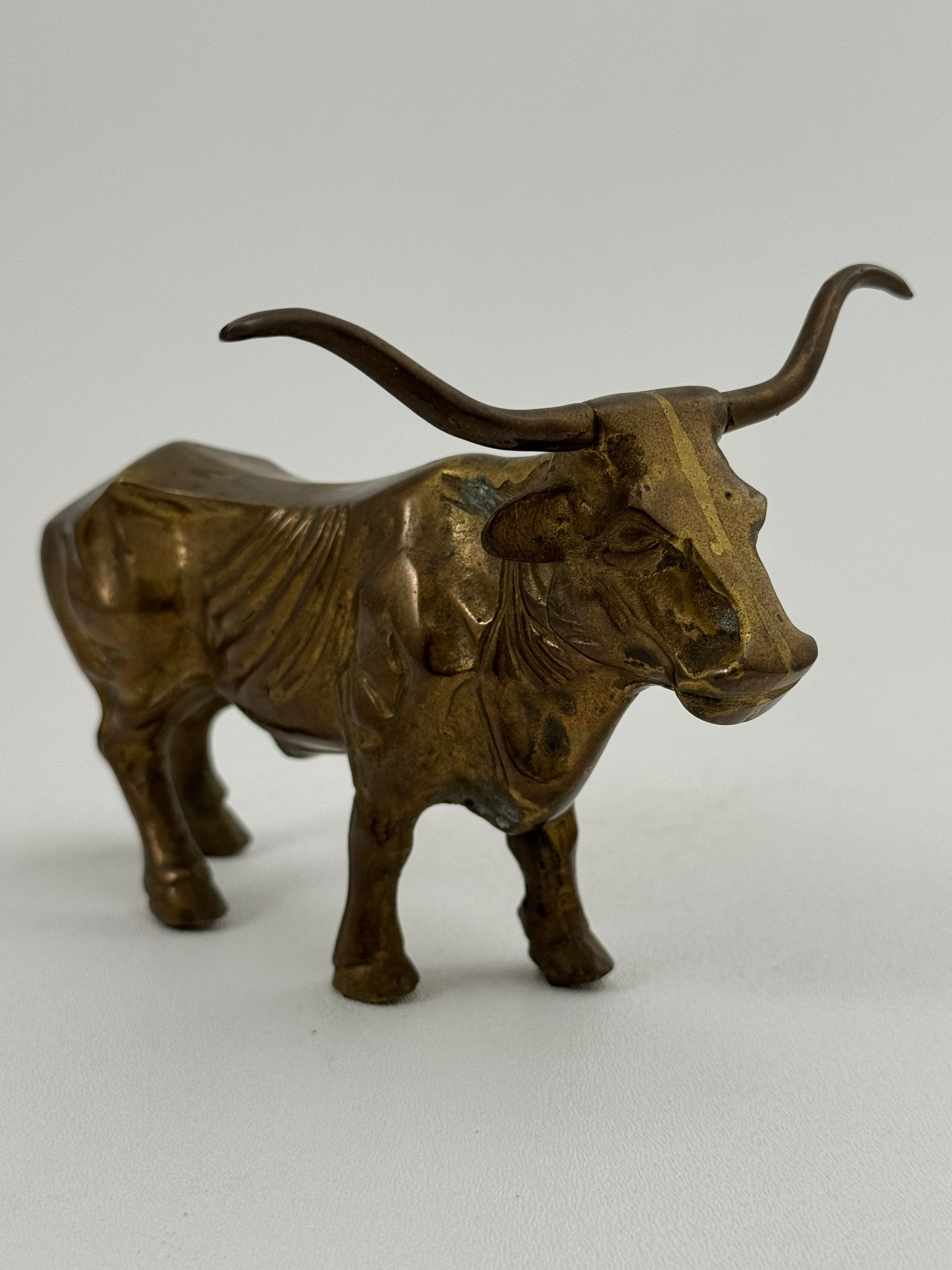 Vintage Brass Longhorn Bull Sculpture – 7.5” Long, 5.75” Horn Span, 4.75” Tall – Western-Southwestern-Texas Ranch Décor