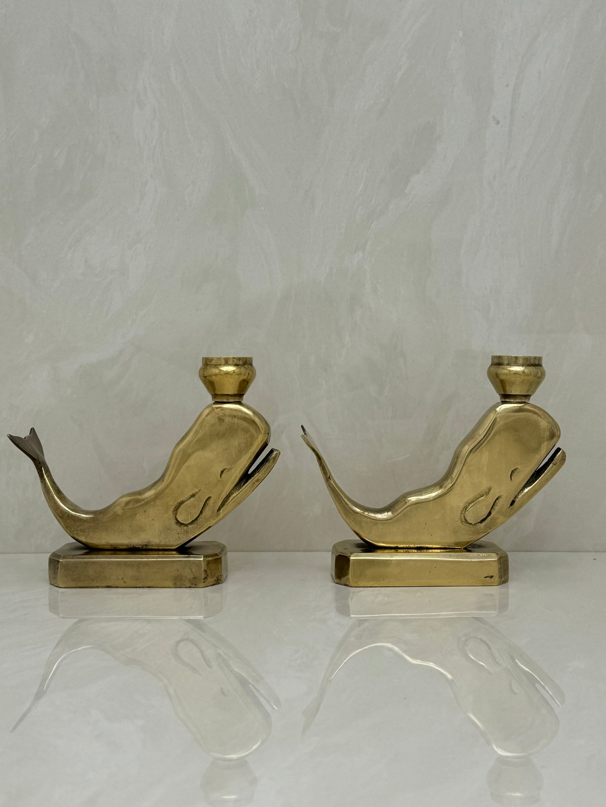 Vintage Brass Whale Candleholders