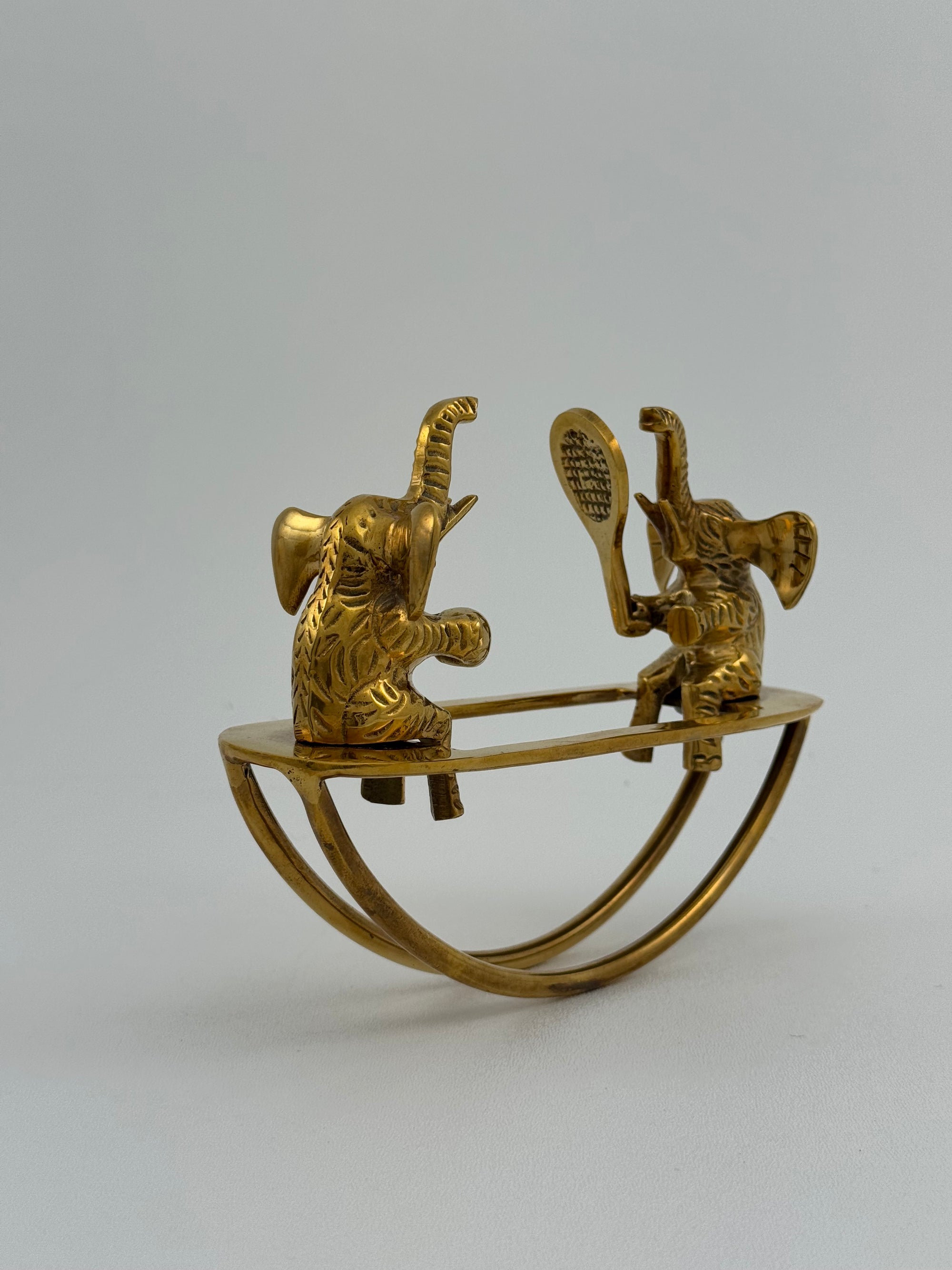 Vintage Brass Figurine of Elephants Enjoying a Tennis Match on a Teeter-Totter