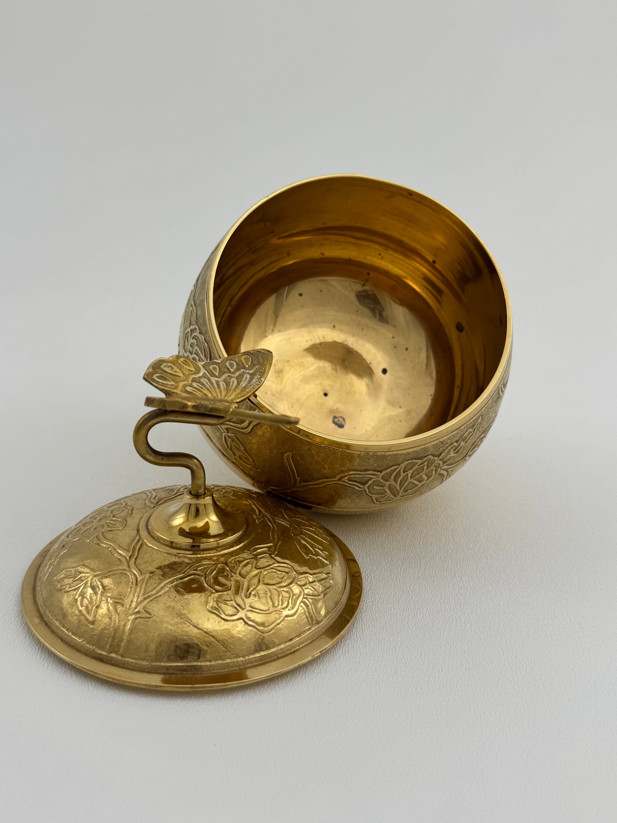 Vintage Brass Trinket Bowl with Butterfly Lid and Floral Etchings