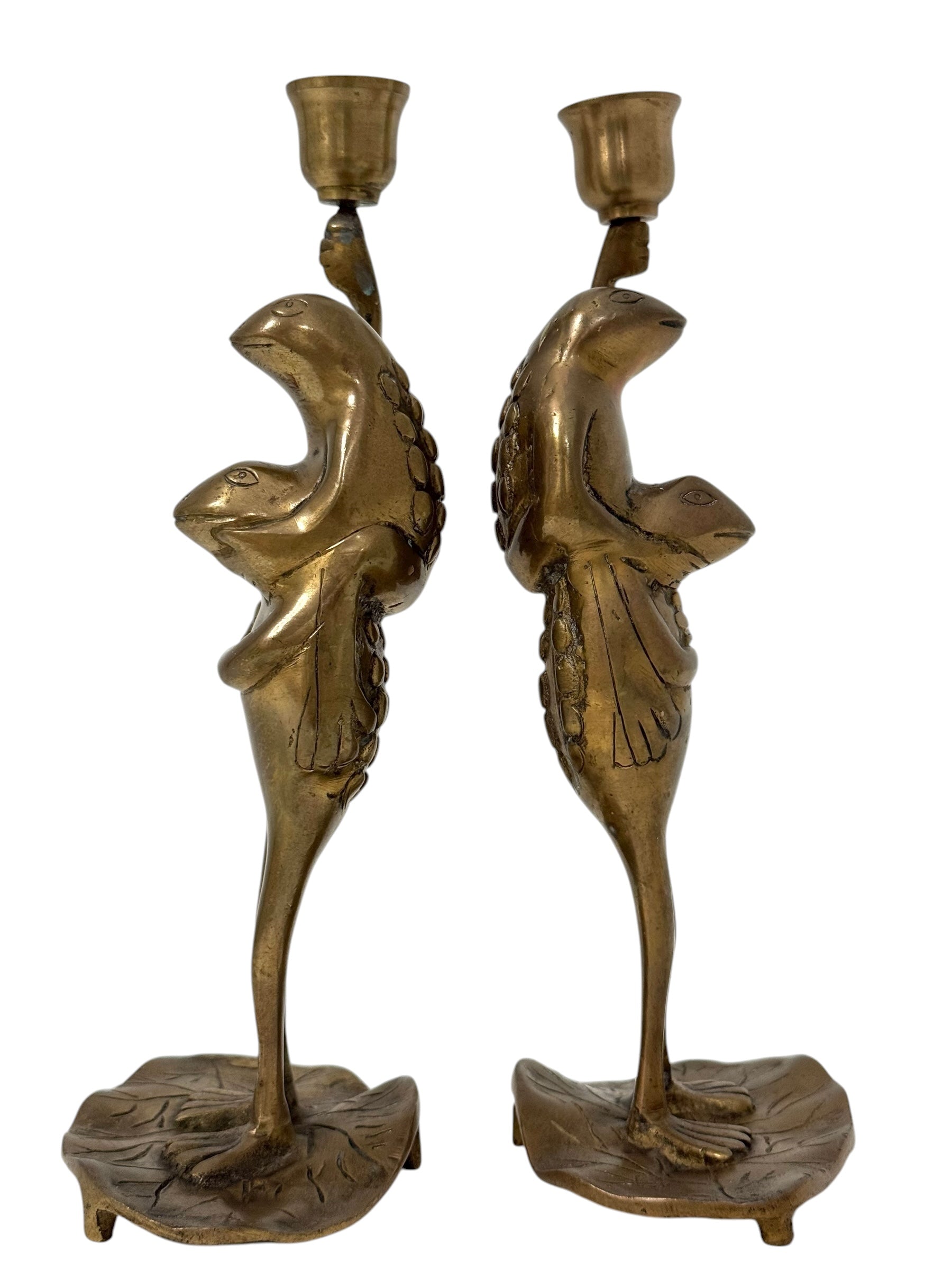 Vintage Brass Frog Couple Candle Holders | Mid-Century Whimsical Pair on Lily Pads