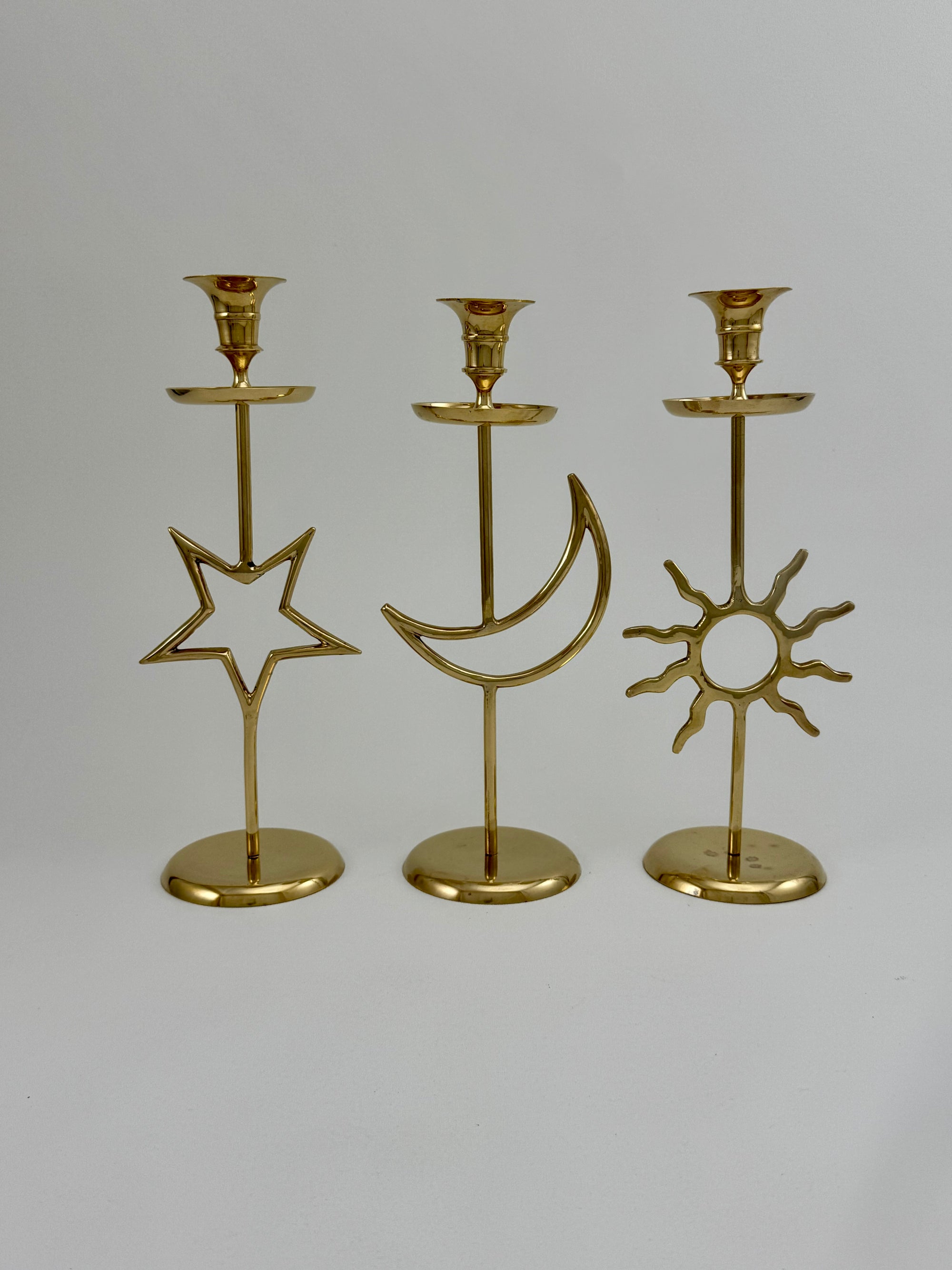 Vintage Brass Sun, Moon &amp; Star Candlestick Trio – Celestial Mid-Century Modern Candle Holders