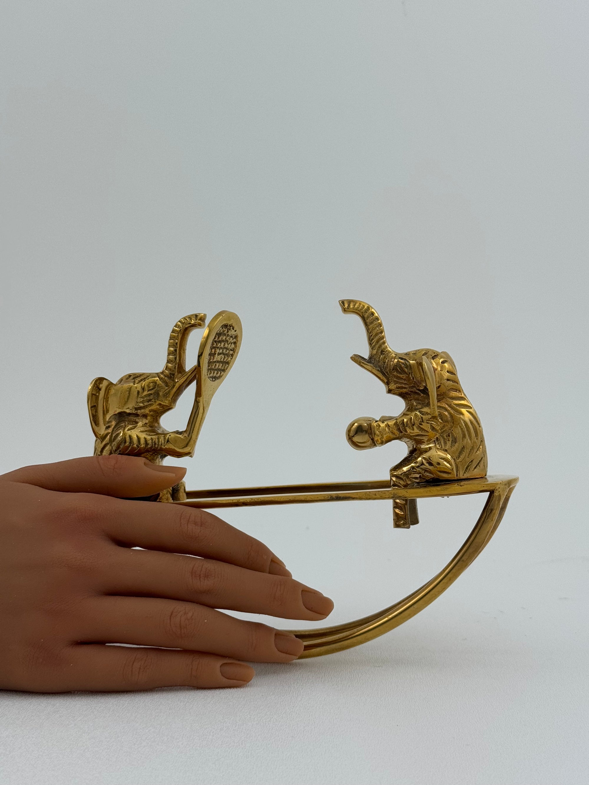 Vintage Brass Figurine of Elephants Enjoying a Tennis Match on a Teeter-Totter