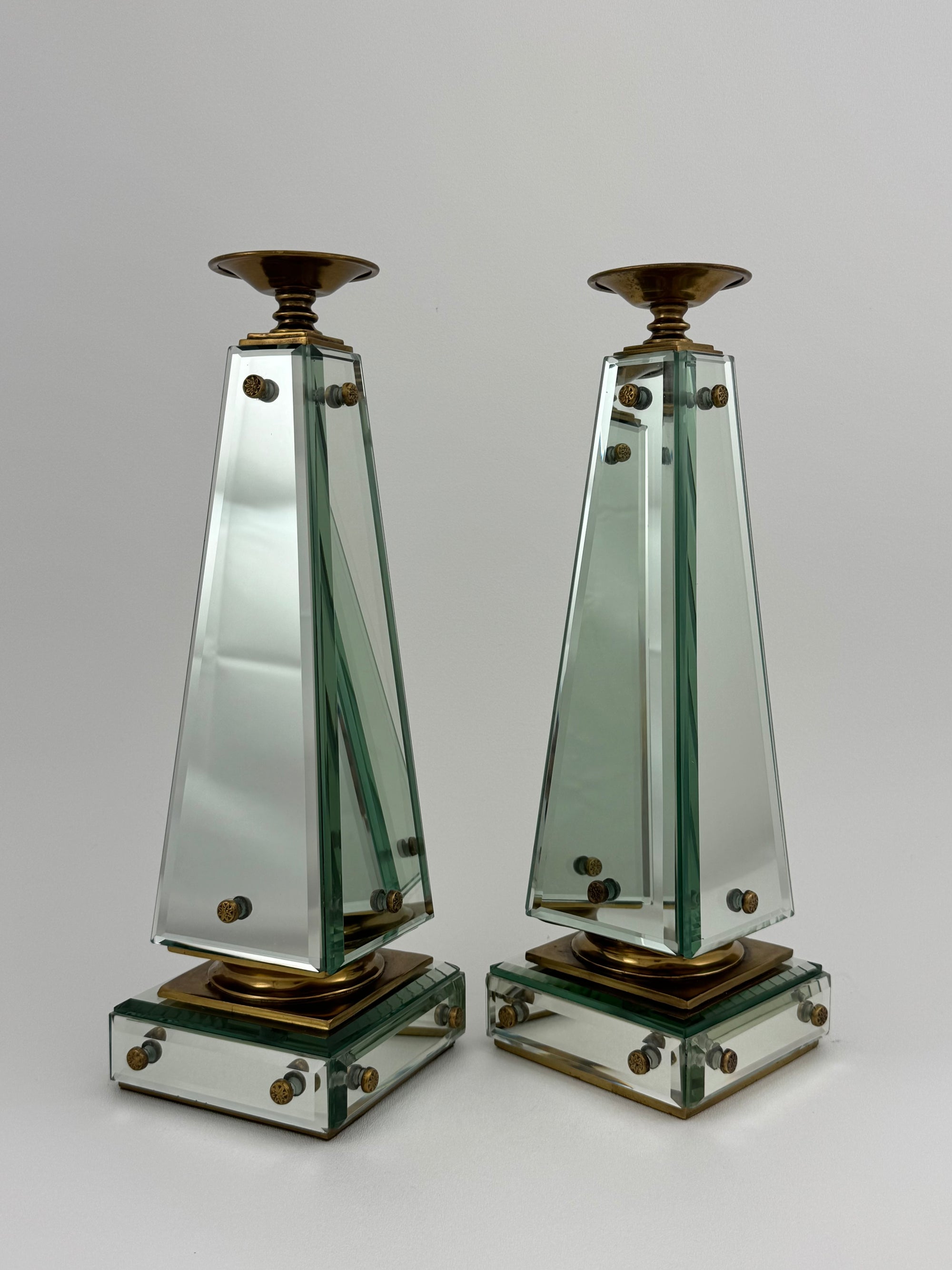 Pair of Vintage Maitland-Smith Mirrored Obelisk Candlesticks